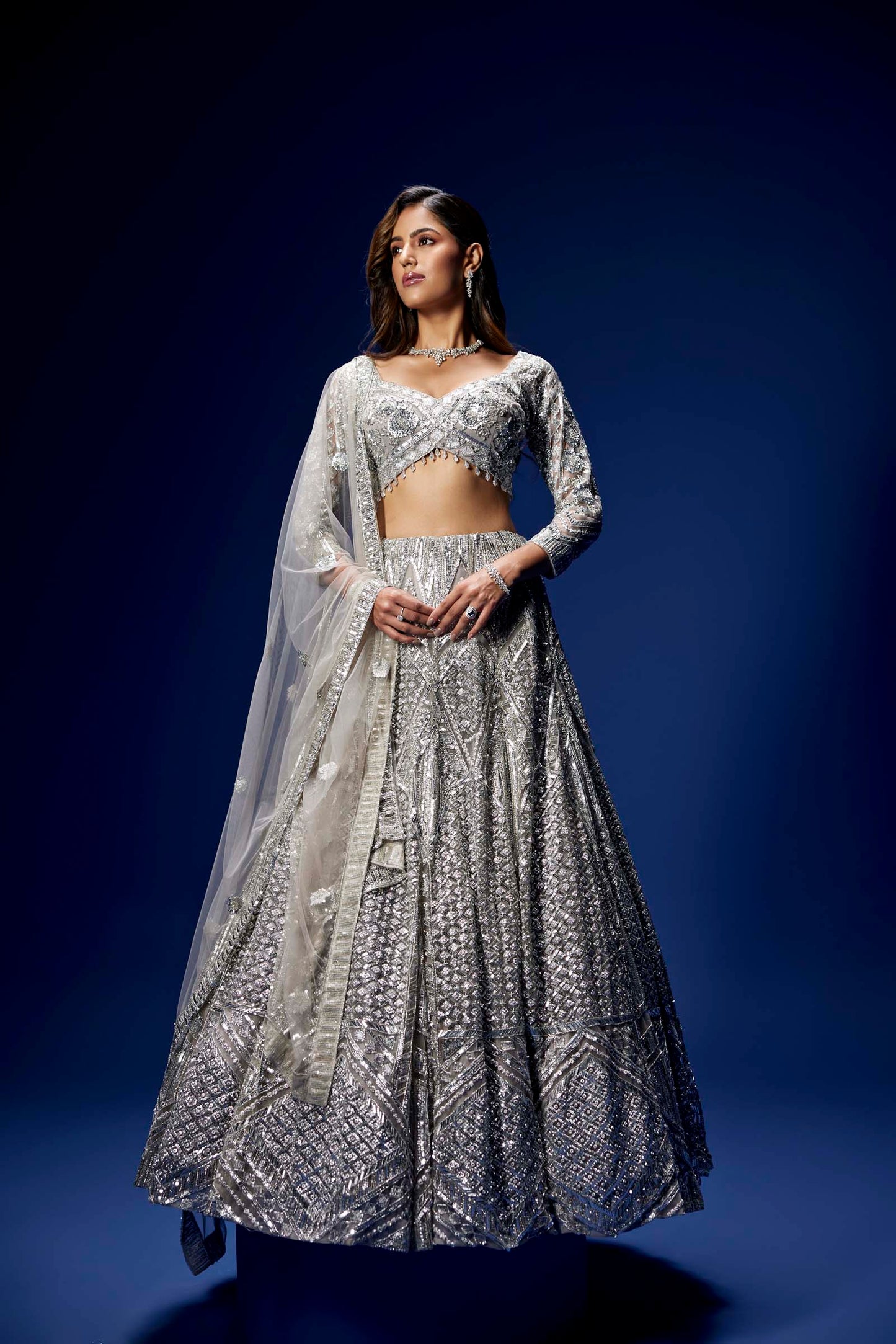 GREY AND SILVER ZEPHYR LEHENGA SET