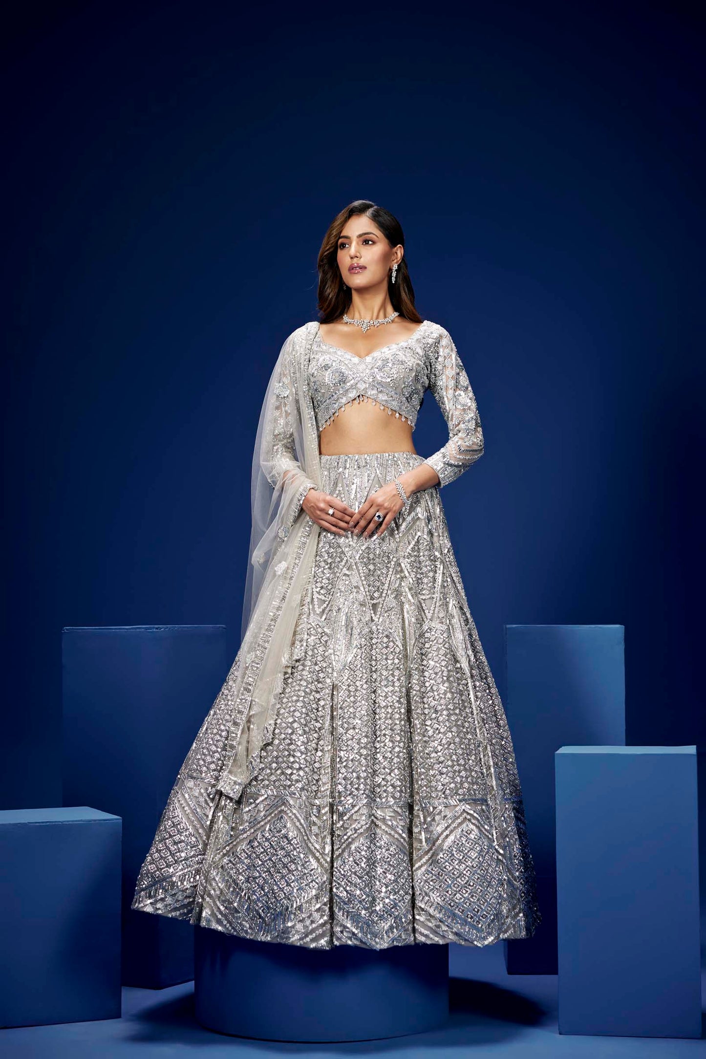 GREY AND SILVER ZEPHYR LEHENGA SET
