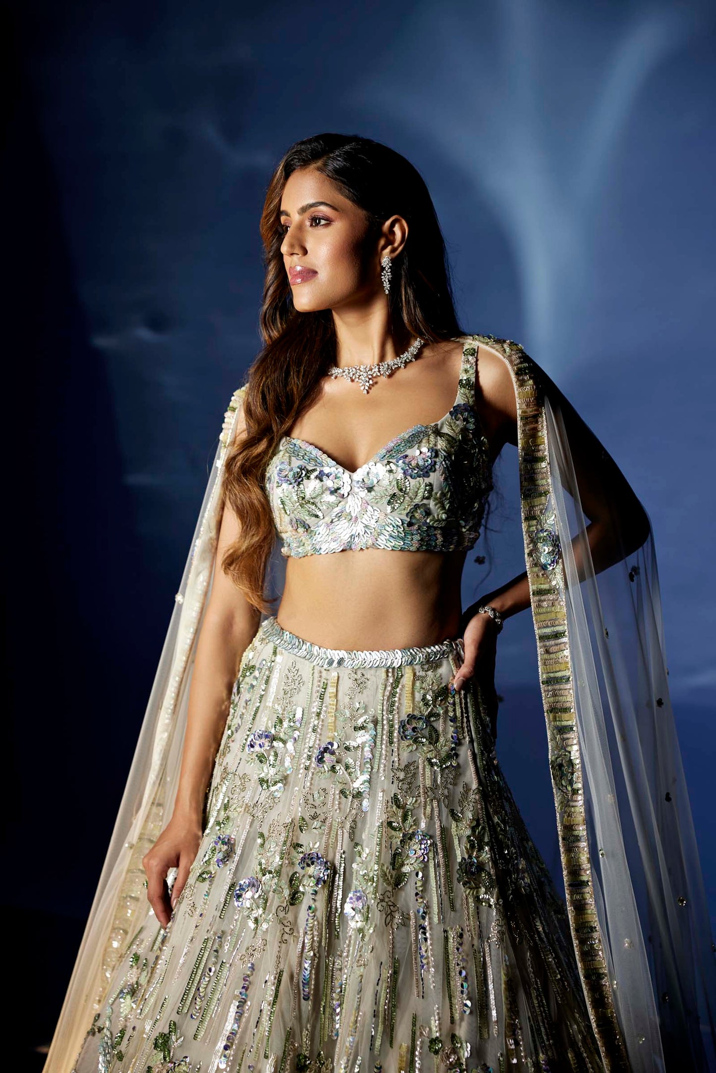LIGHT OLIVE GREEN CELESTINE LEHENGA SET