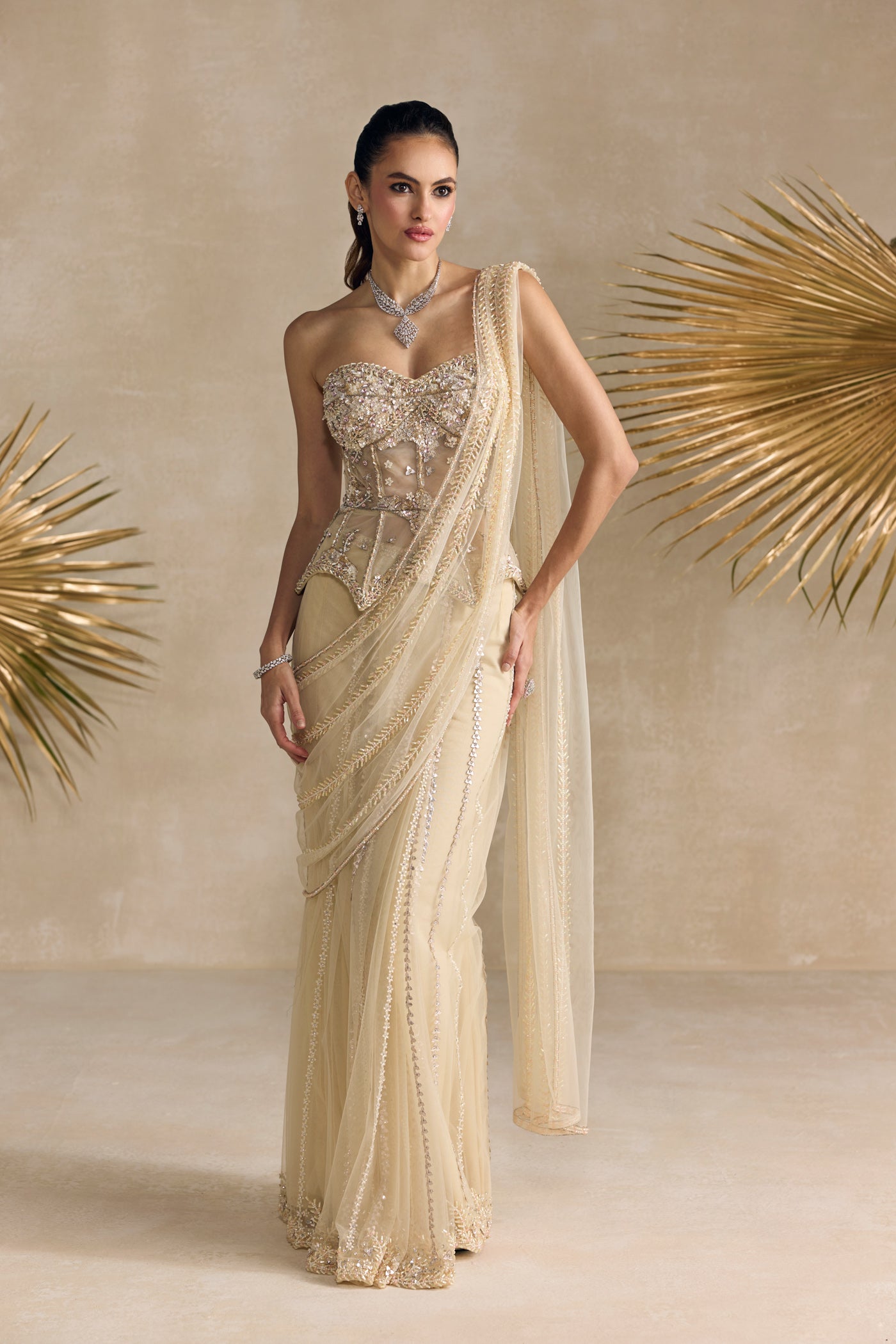 IVORY AND PINK PEPLUM CORSET PRE DRAPED SAREE
