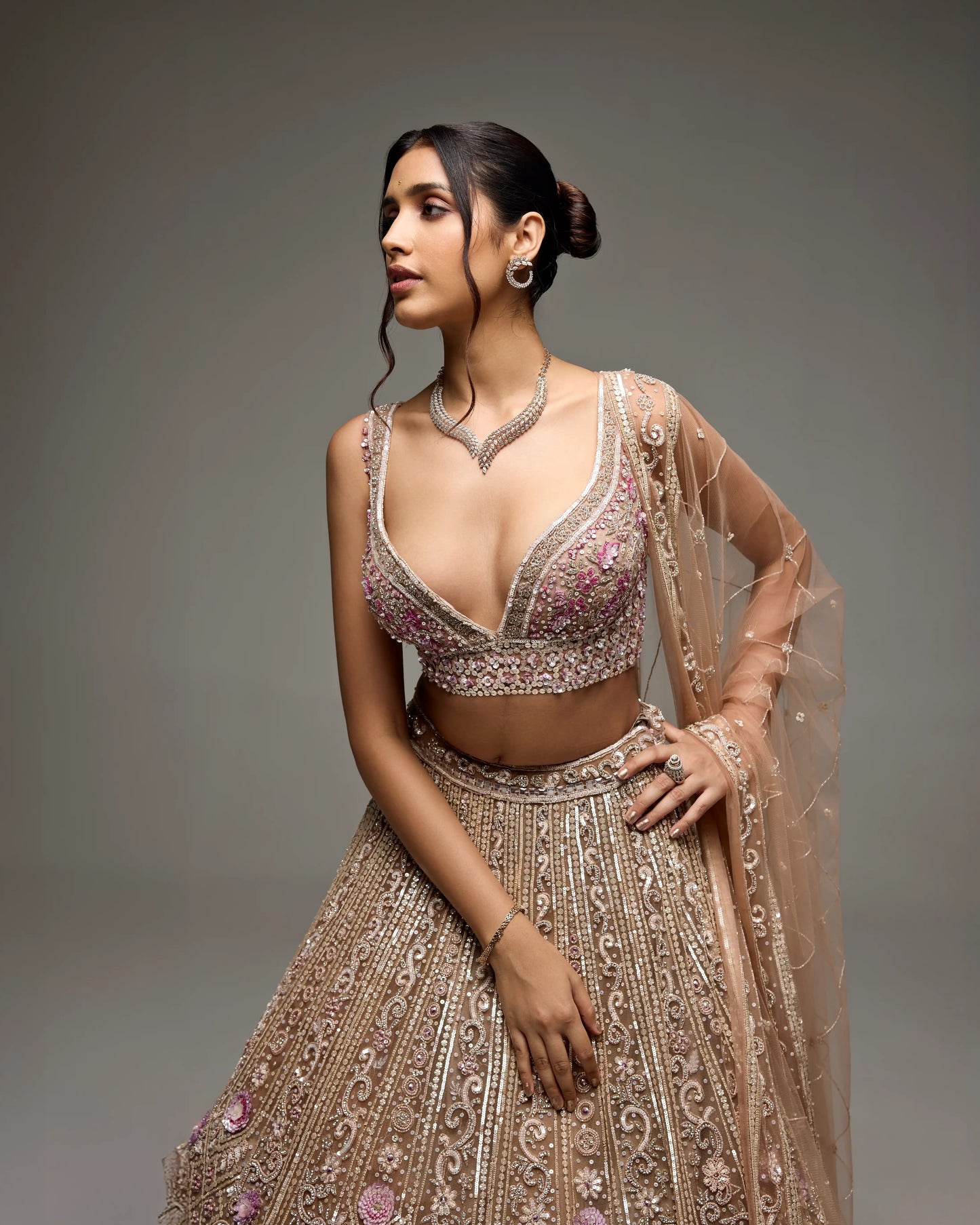 DUSTY MAUVE AND SILVER ELORA LEHENGA SET
