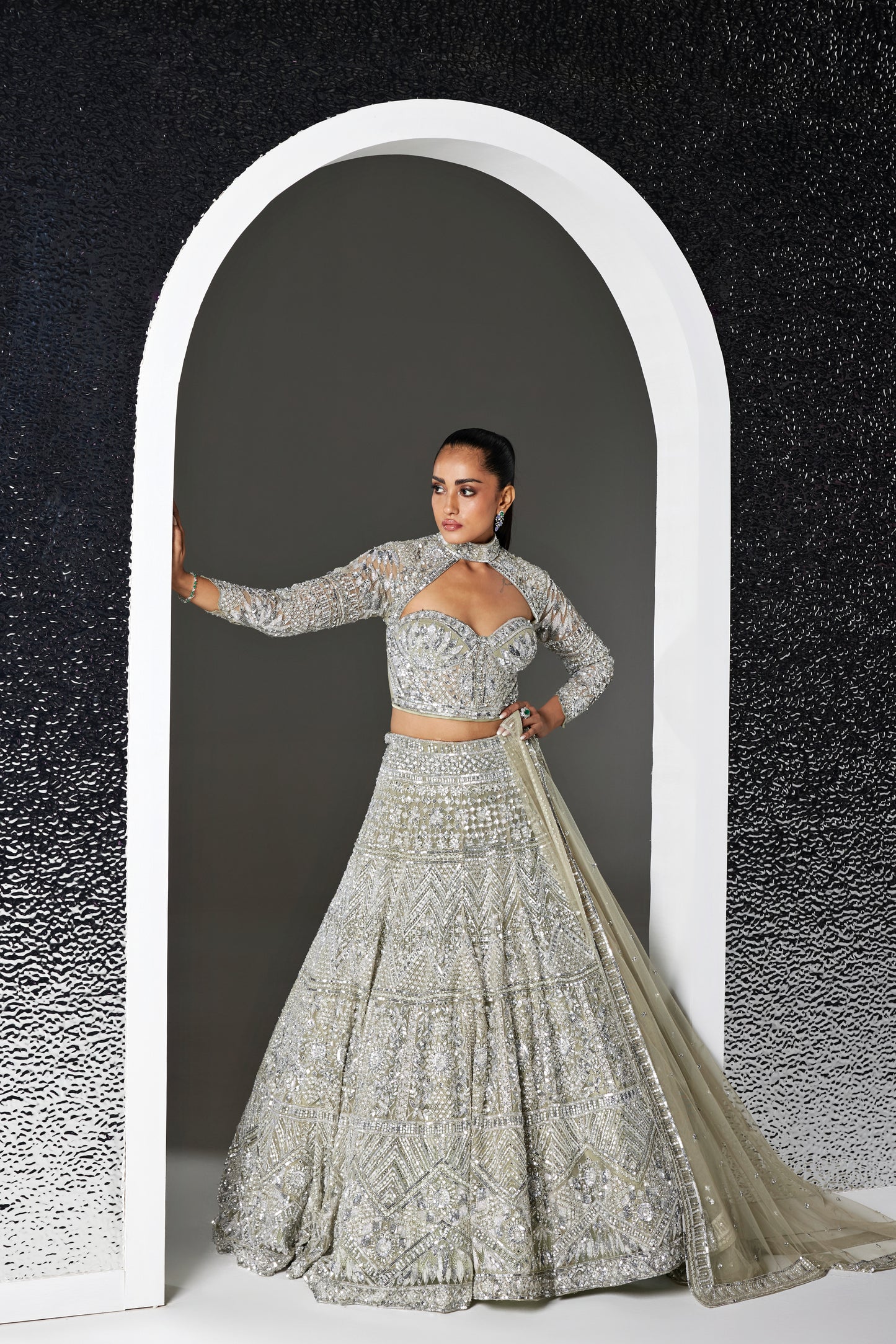 DULL GREEN AND SILVER IRIS LEHENGA SET