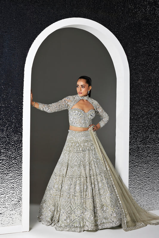 DULL GREEN AND SILVER IRIS LEHENGA SET