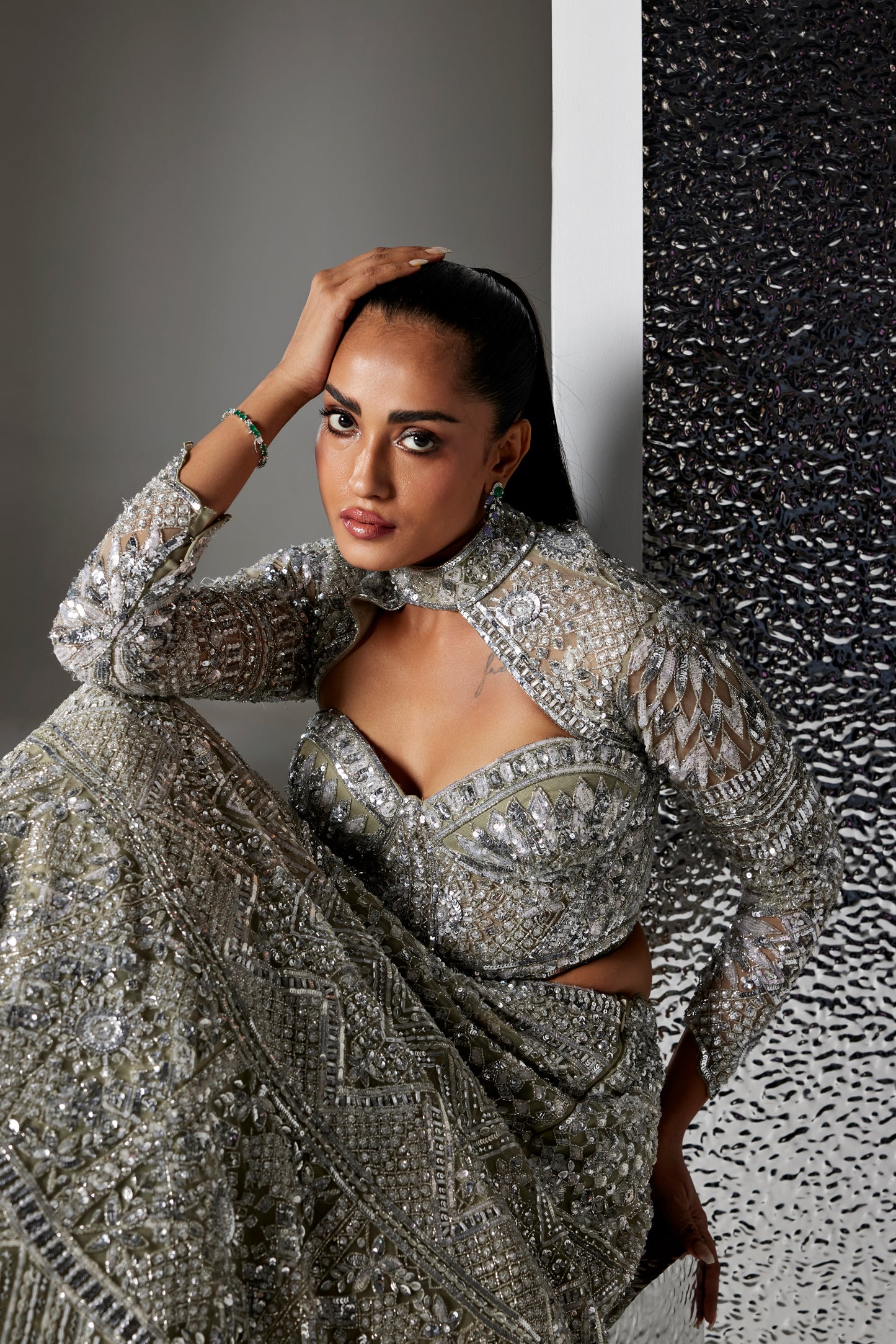 DULL GREEN AND SILVER IRIS LEHENGA SET