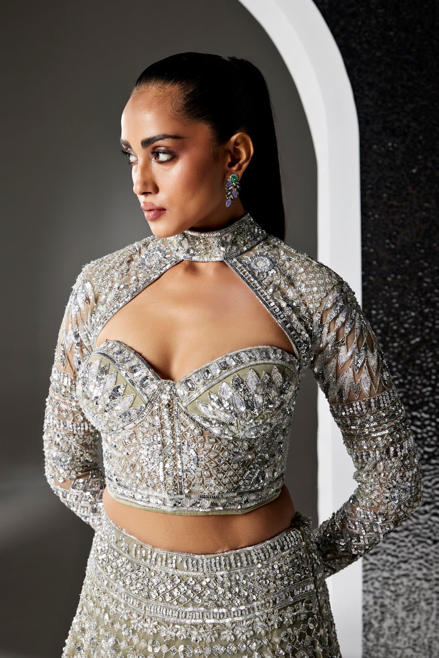 DULL GREEN AND SILVER IRIS LEHENGA SET