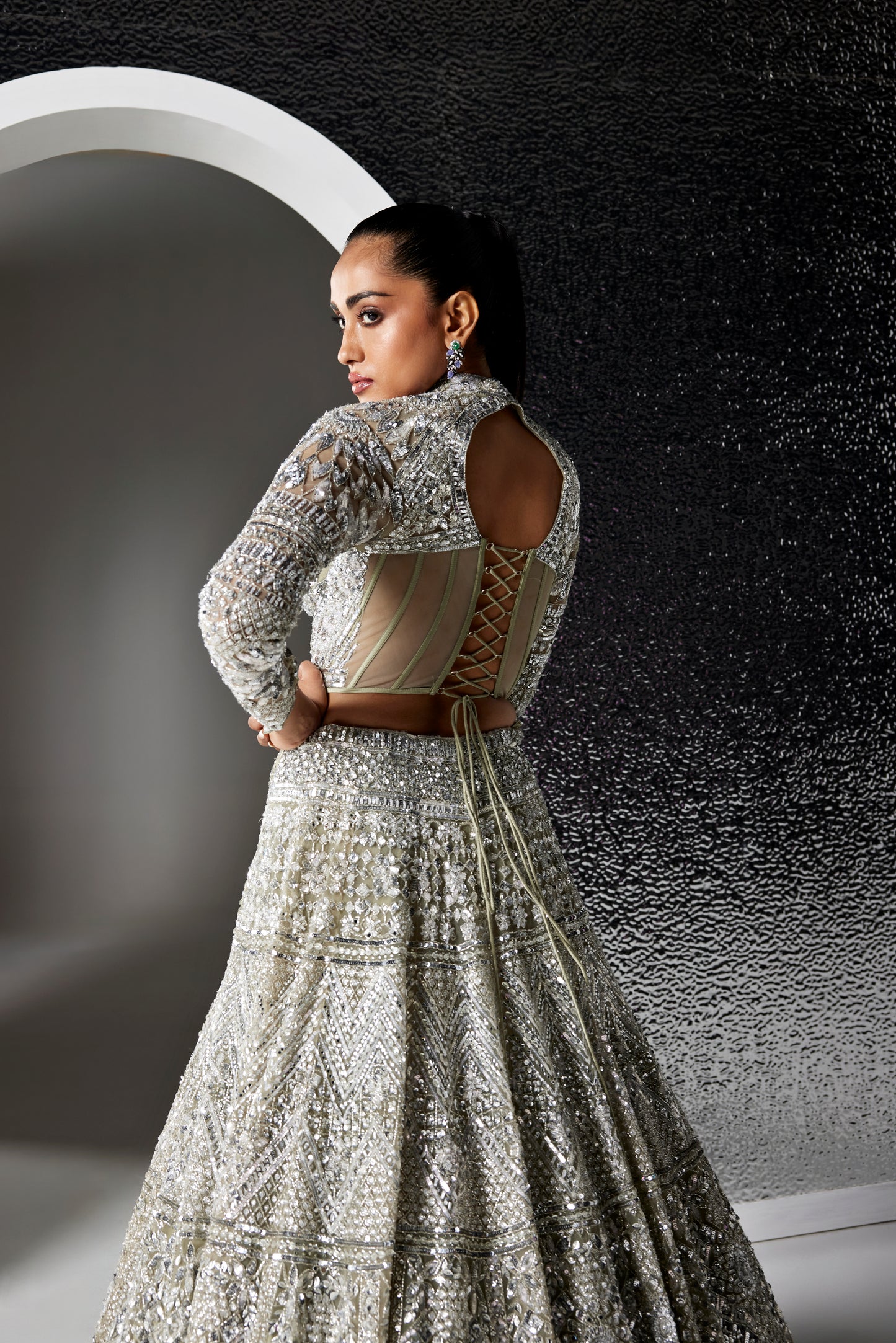 DULL GREEN AND SILVER IRIS LEHENGA SET