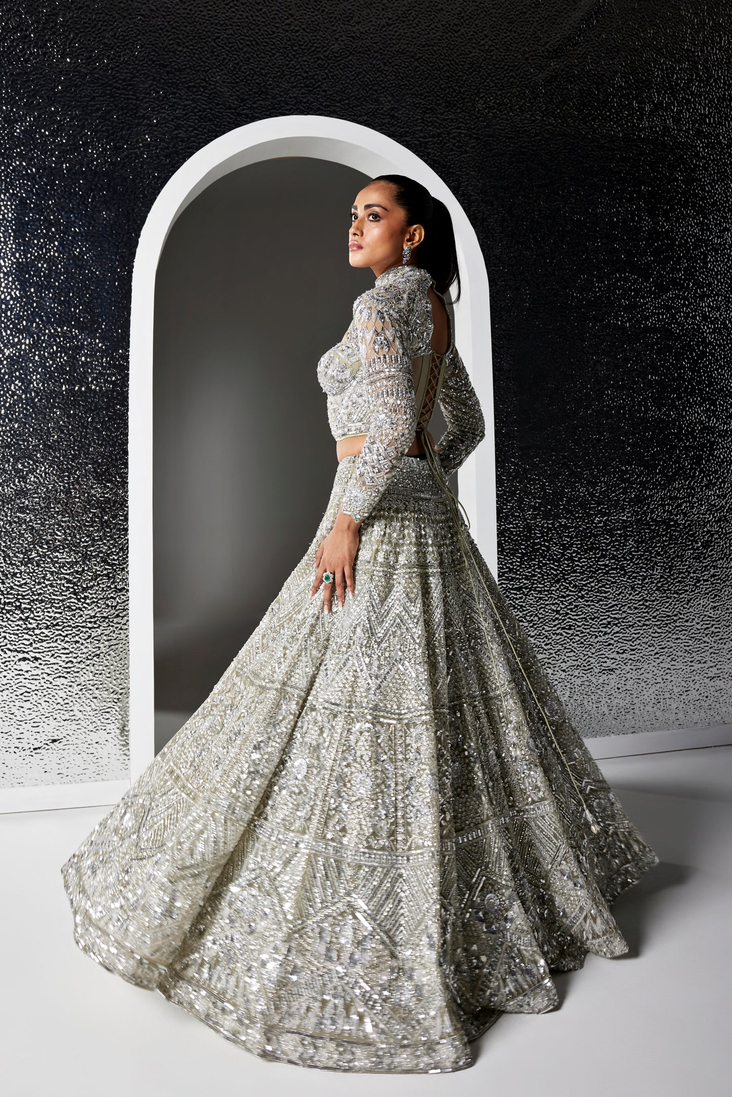 DULL GREEN AND SILVER IRIS LEHENGA SET