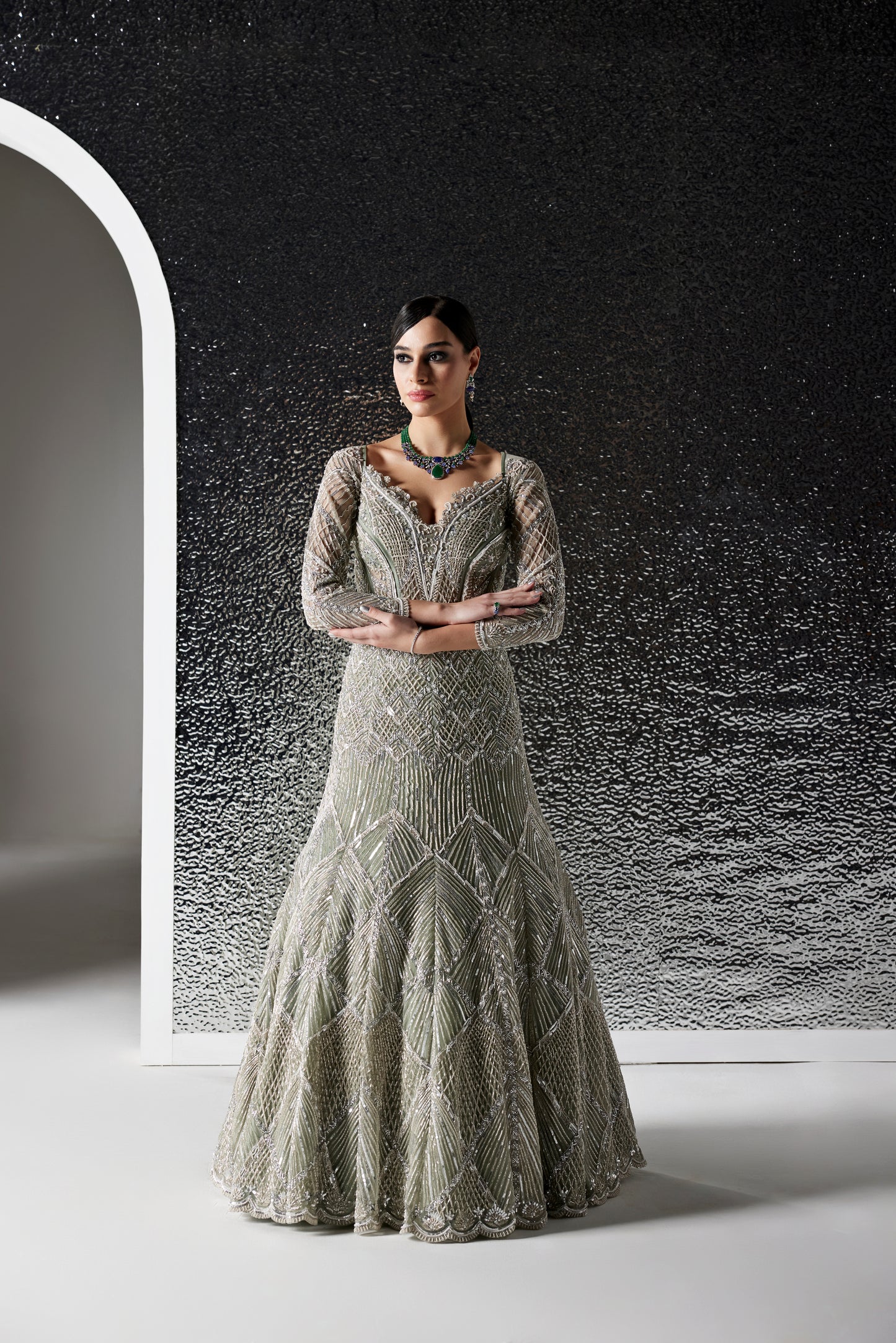 DUSTY GREEN AND SILVER CEDRINA GOWN
