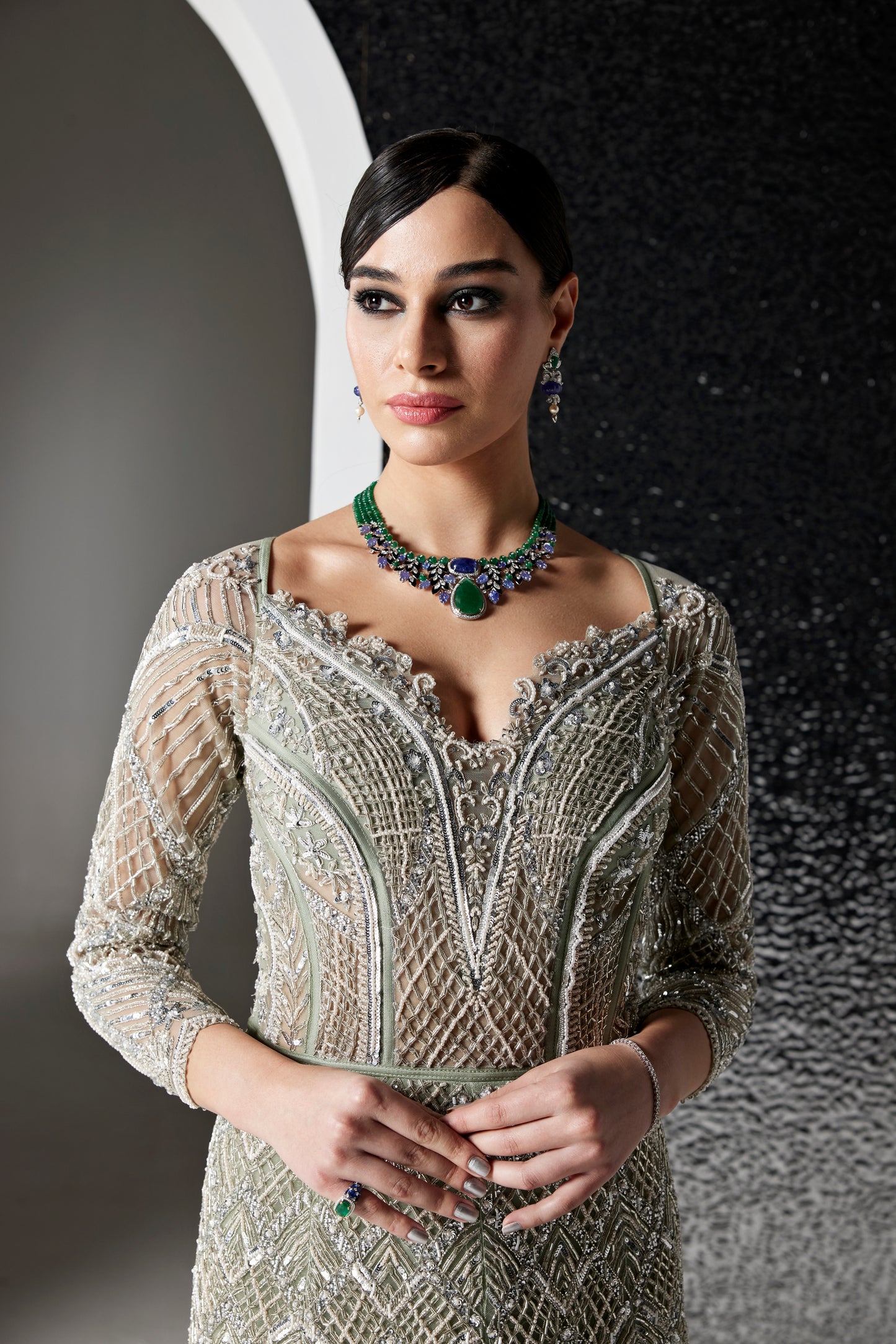 DUSTY GREEN AND SILVER CEDRINA GOWN