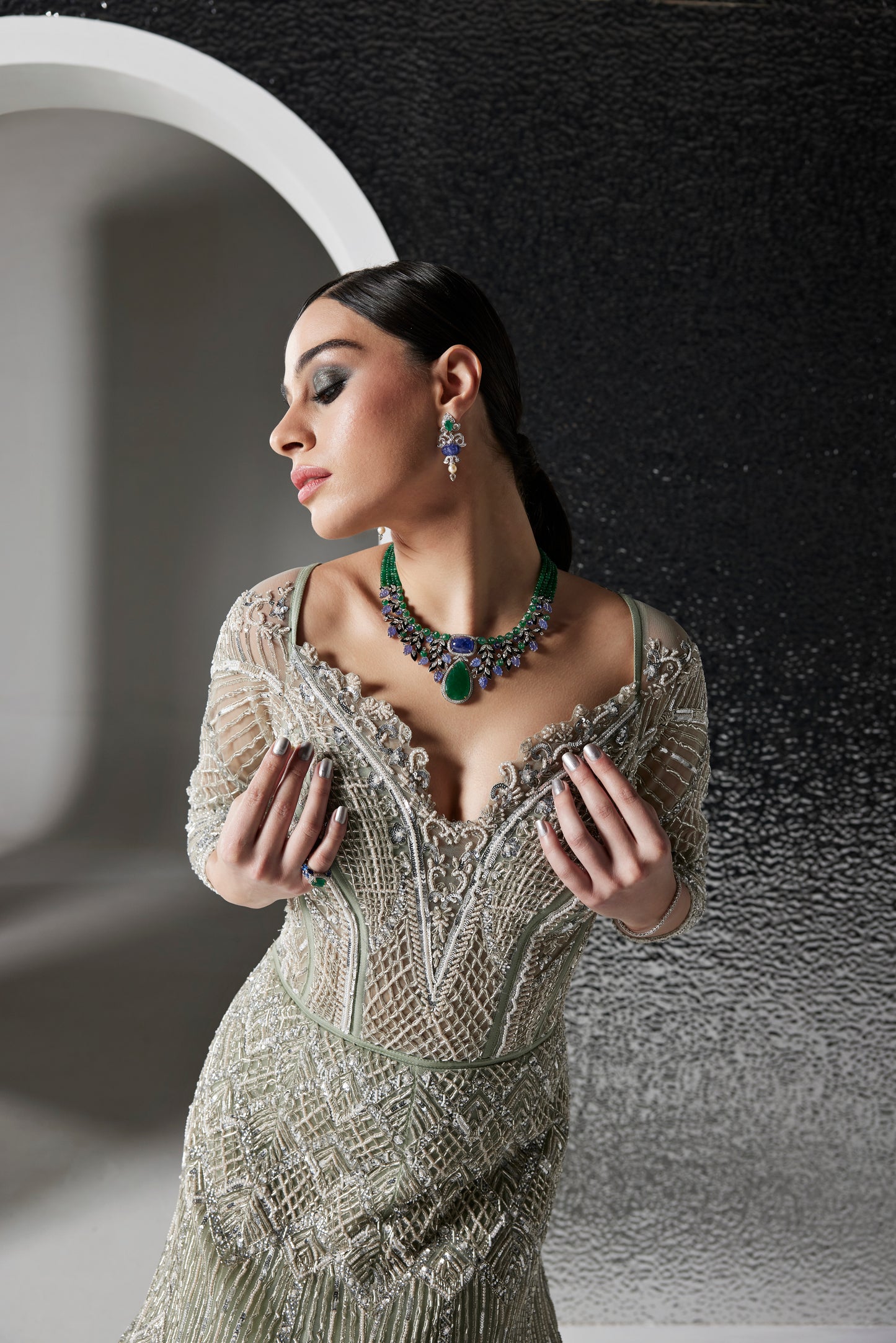 DUSTY GREEN AND SILVER CEDRINA GOWN