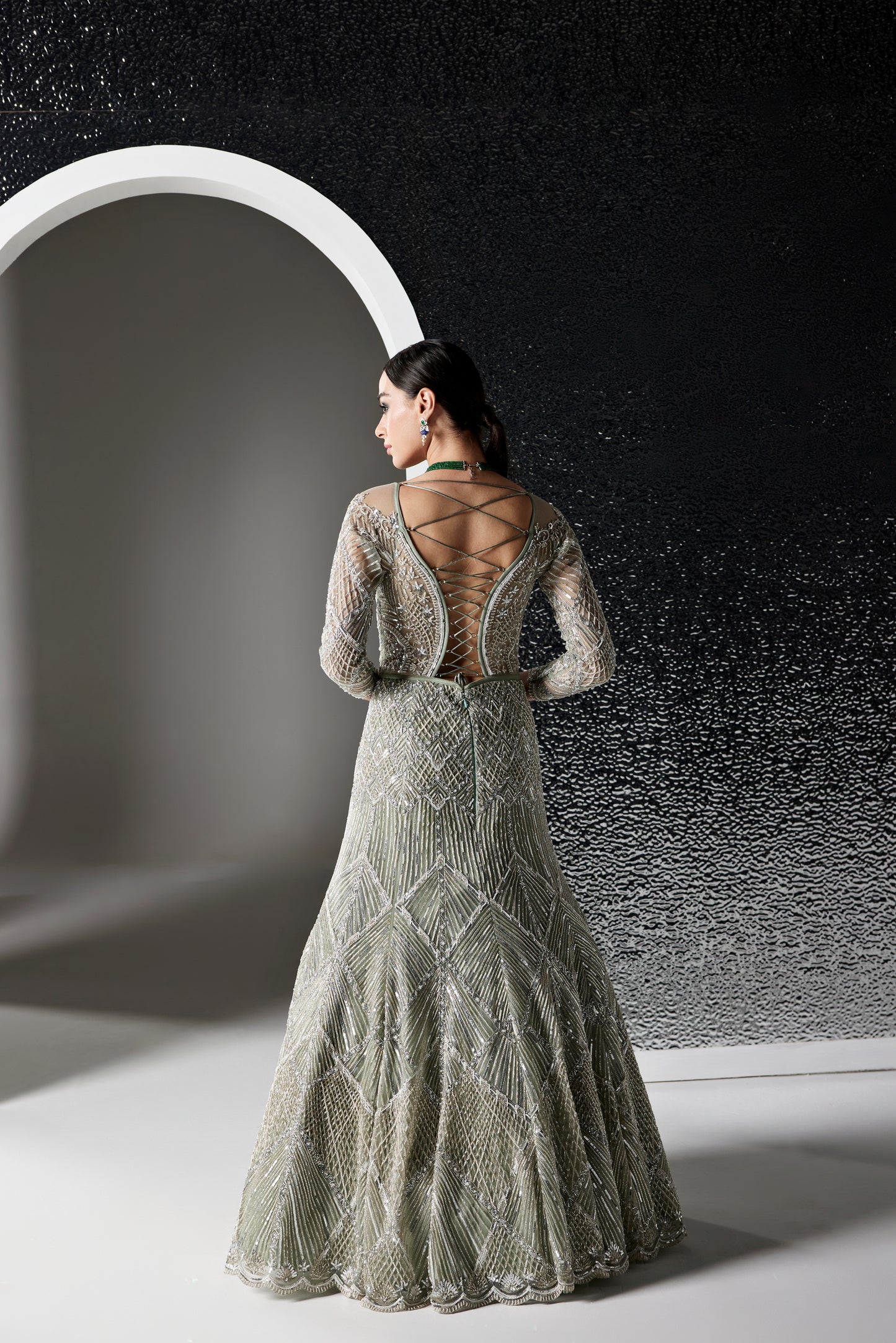 DUSTY GREEN AND SILVER CEDRINA GOWN