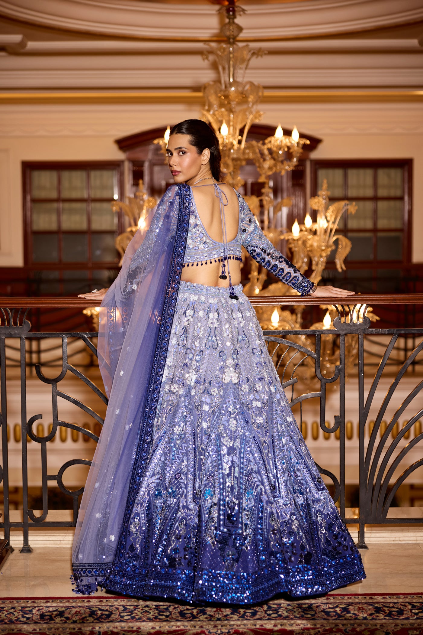 Opus Atelier blue ombre bridal lehenga with heavy sequin work, perfect for modern Indian bride look