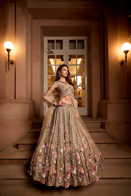 GOLD MULTICOLOUR 3D EMBROIDERED ZINNIA LEHENGA SET
