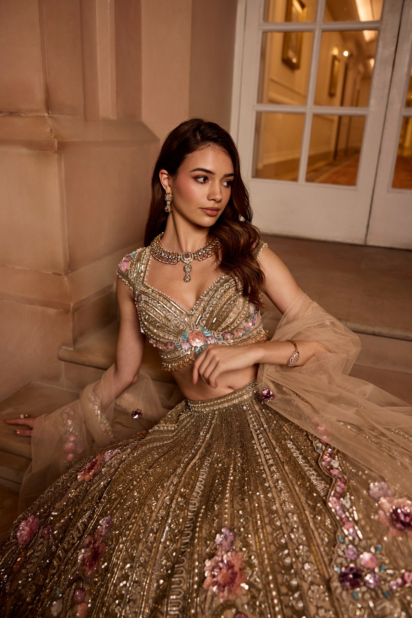 GOLD MULTICOLOUR 3D EMBROIDERED ZINNIA LEHENGA SET