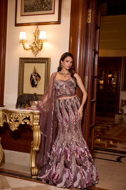 Luxury metallic plum sequin lehenga for modern brides and cocktail occasions