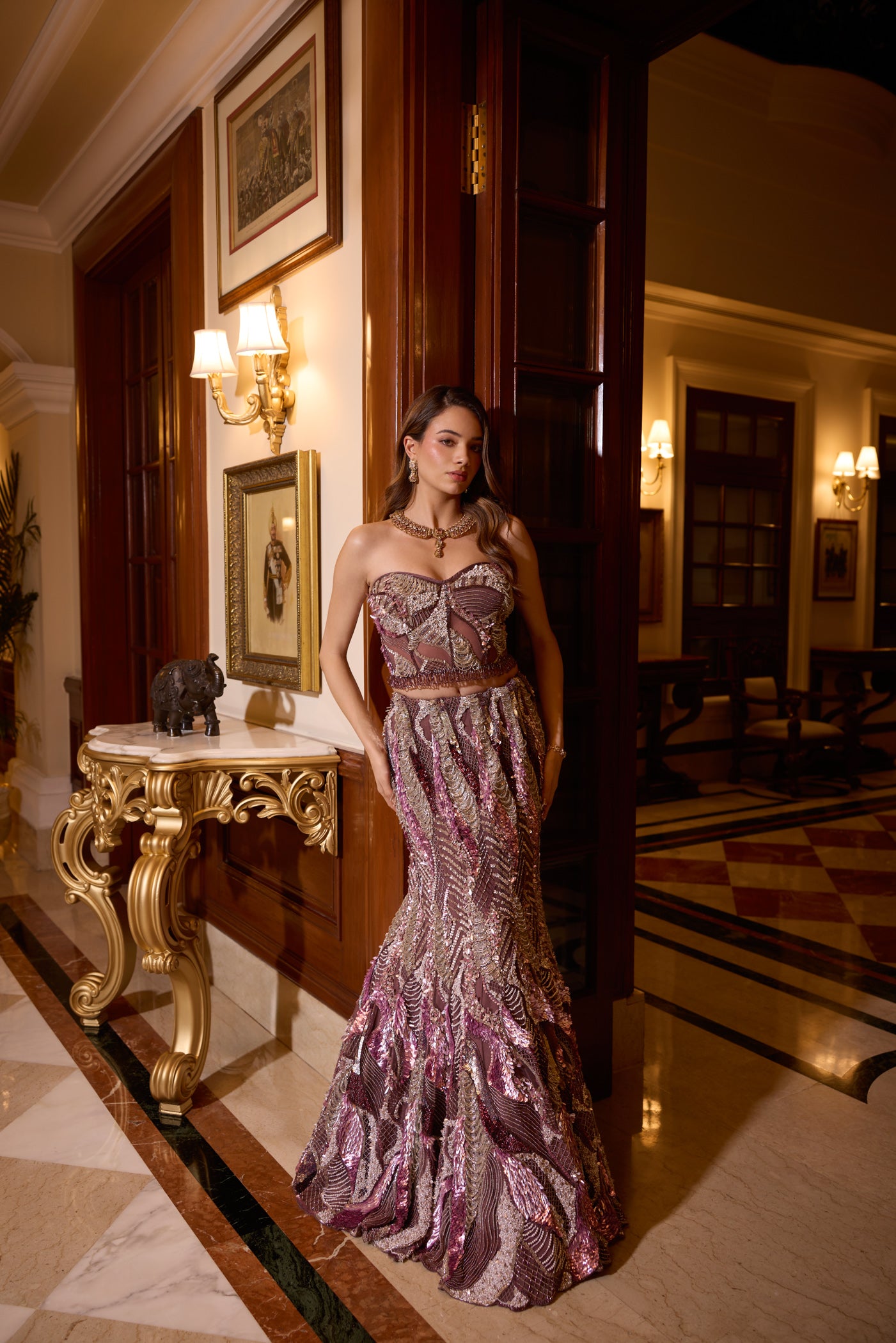 Opus Atelier metallic plum and silver fishcut lehenga with heavy sequin embroidery