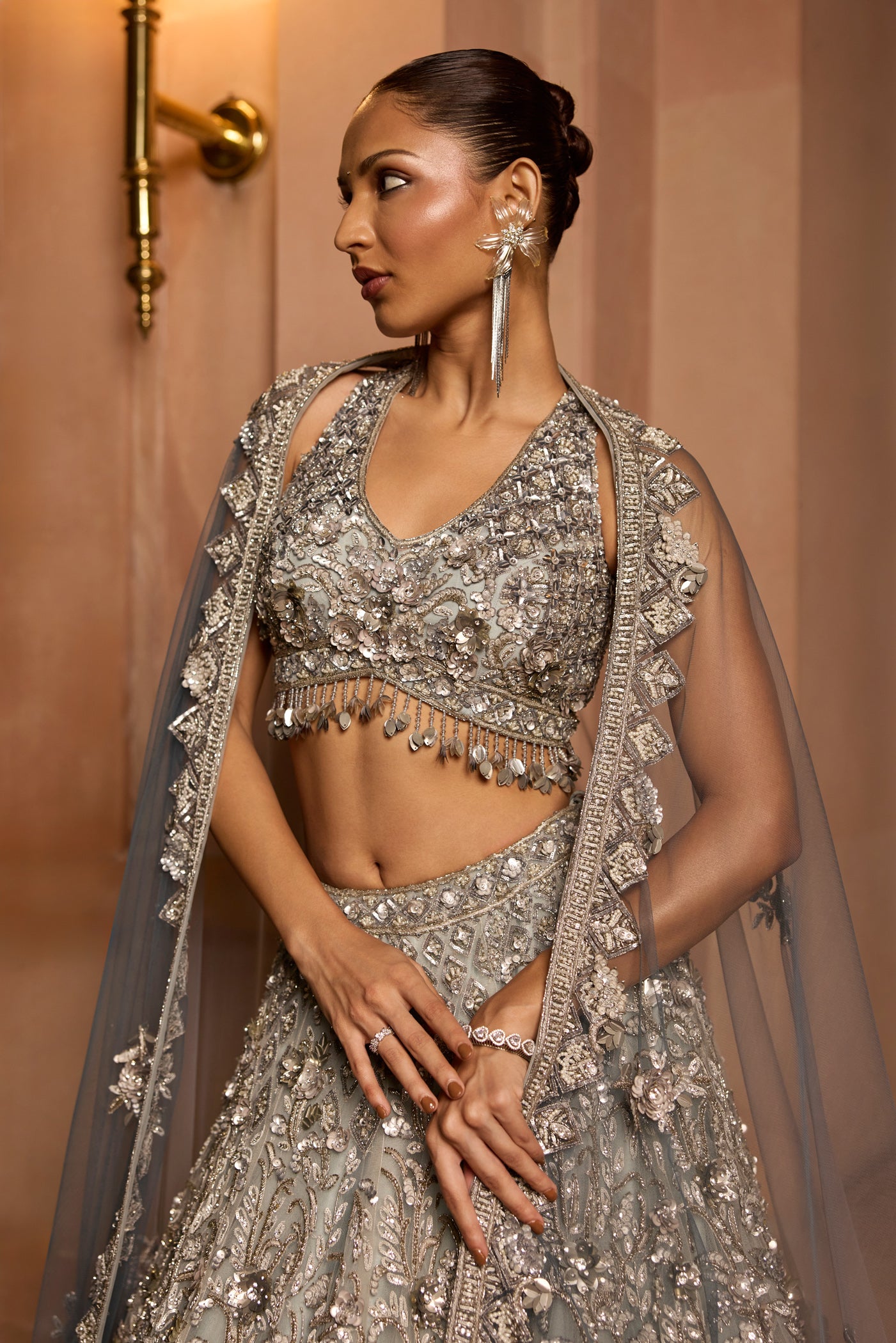 Grey silver to midnight blue ombré lehenga set with intricate zari and sequin embroidery, paired with blouse and dupatta by Opus Atelier, ideal for bridal receptions and evening cocktails