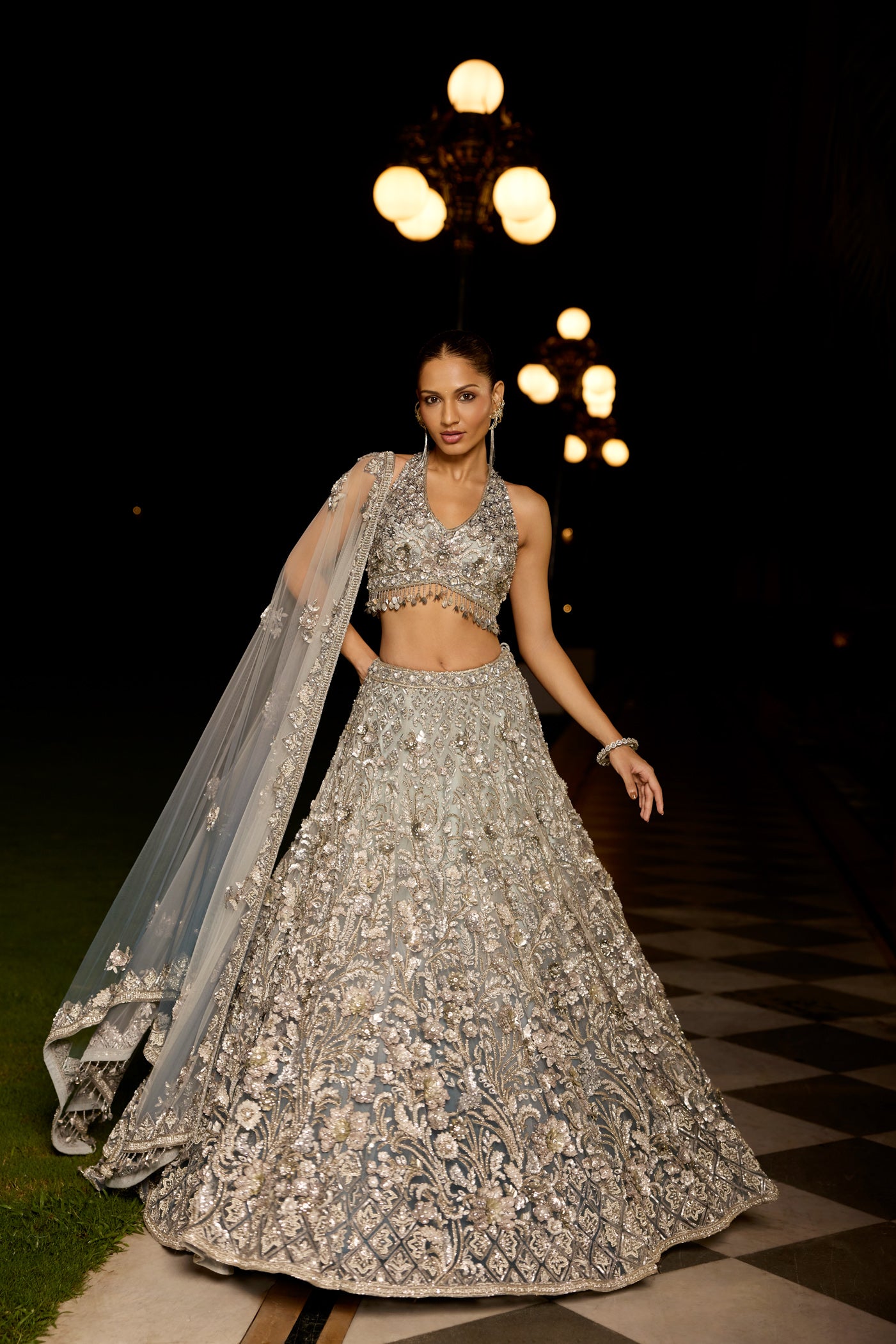 Grey silver to midnight blue ombré lehenga set with intricate zari and sequin embroidery, paired with blouse and dupatta by Opus Atelier, ideal for bridal receptions and evening cocktails