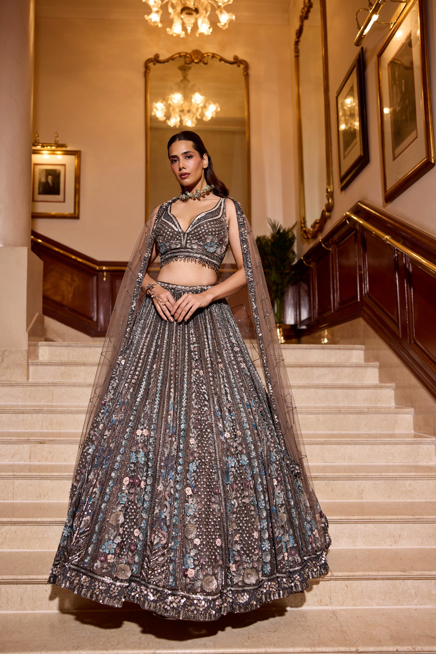 Grey and silver sequin bridal lehenga with floral embroidery, styled with sheer dupatta – Opus Atelier couture