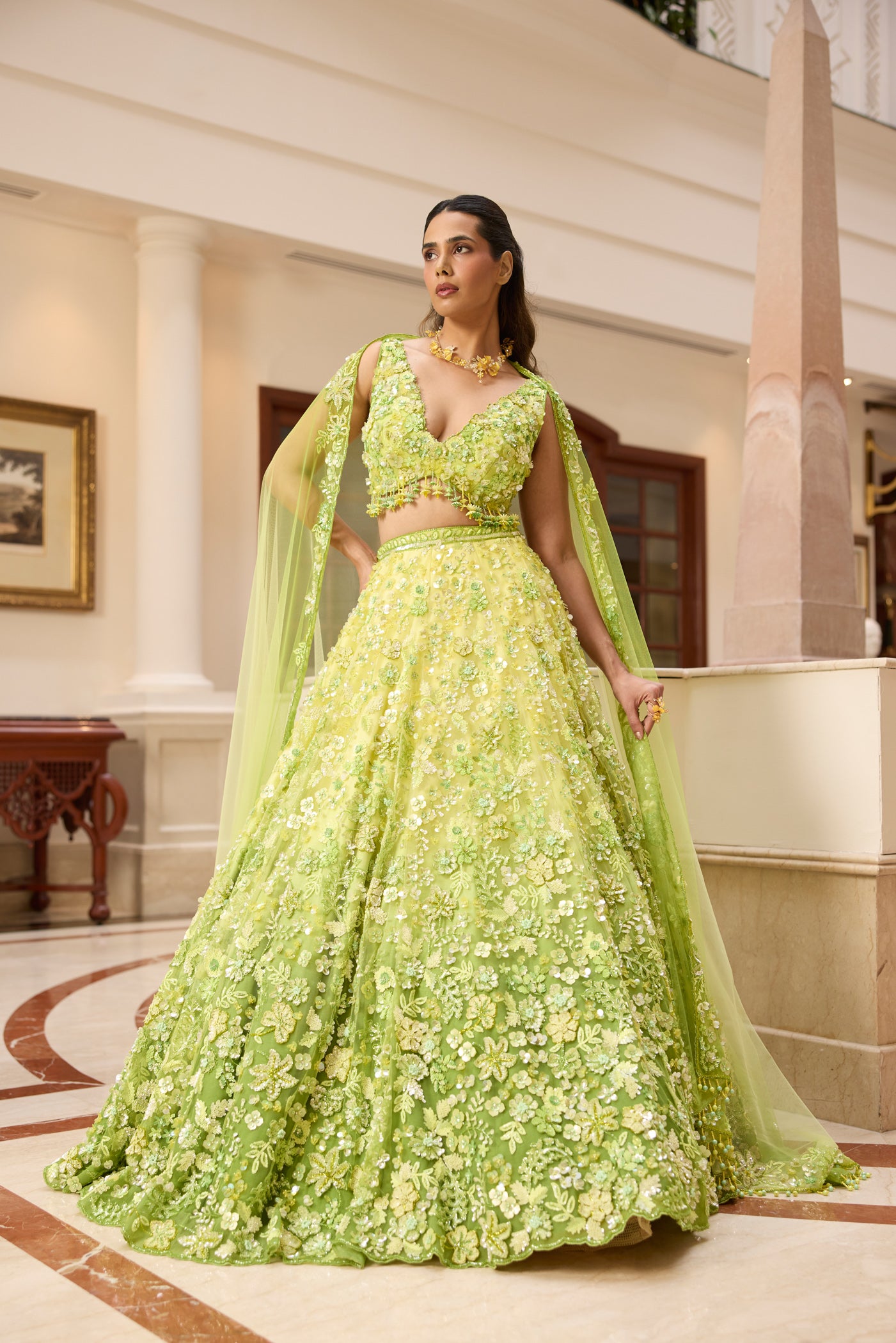 Designer lime green ombré embroidered lehenga set by Opus Atelier, featuring handcrafted floral motifs and sequins, ideal for bridal wear, destination weddings, and festive celebrations