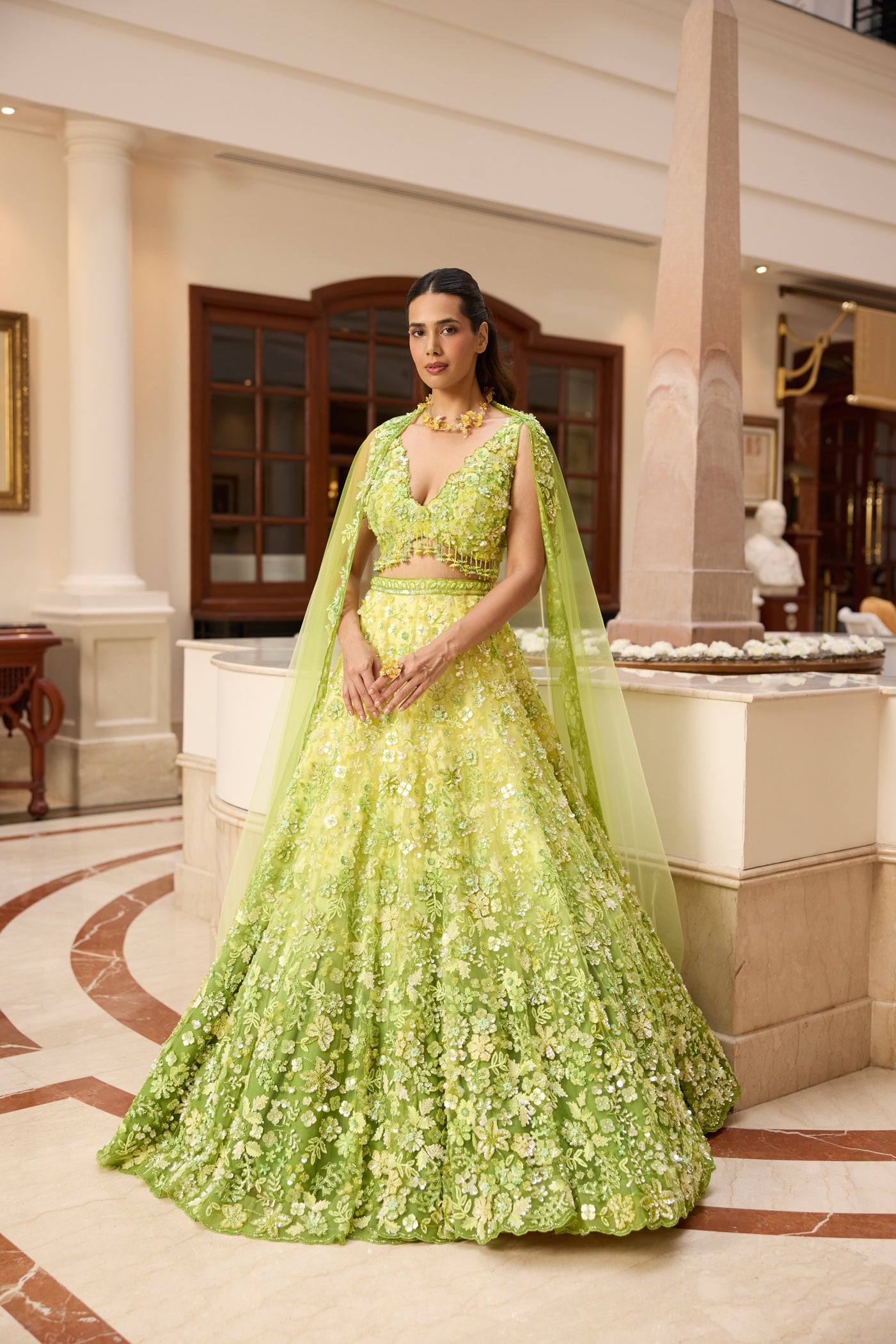 Designer lime green ombré embroidered lehenga set by Opus Atelier, featuring handcrafted floral motifs and sequins, ideal for bridal wear, destination weddings, and festive celebrations