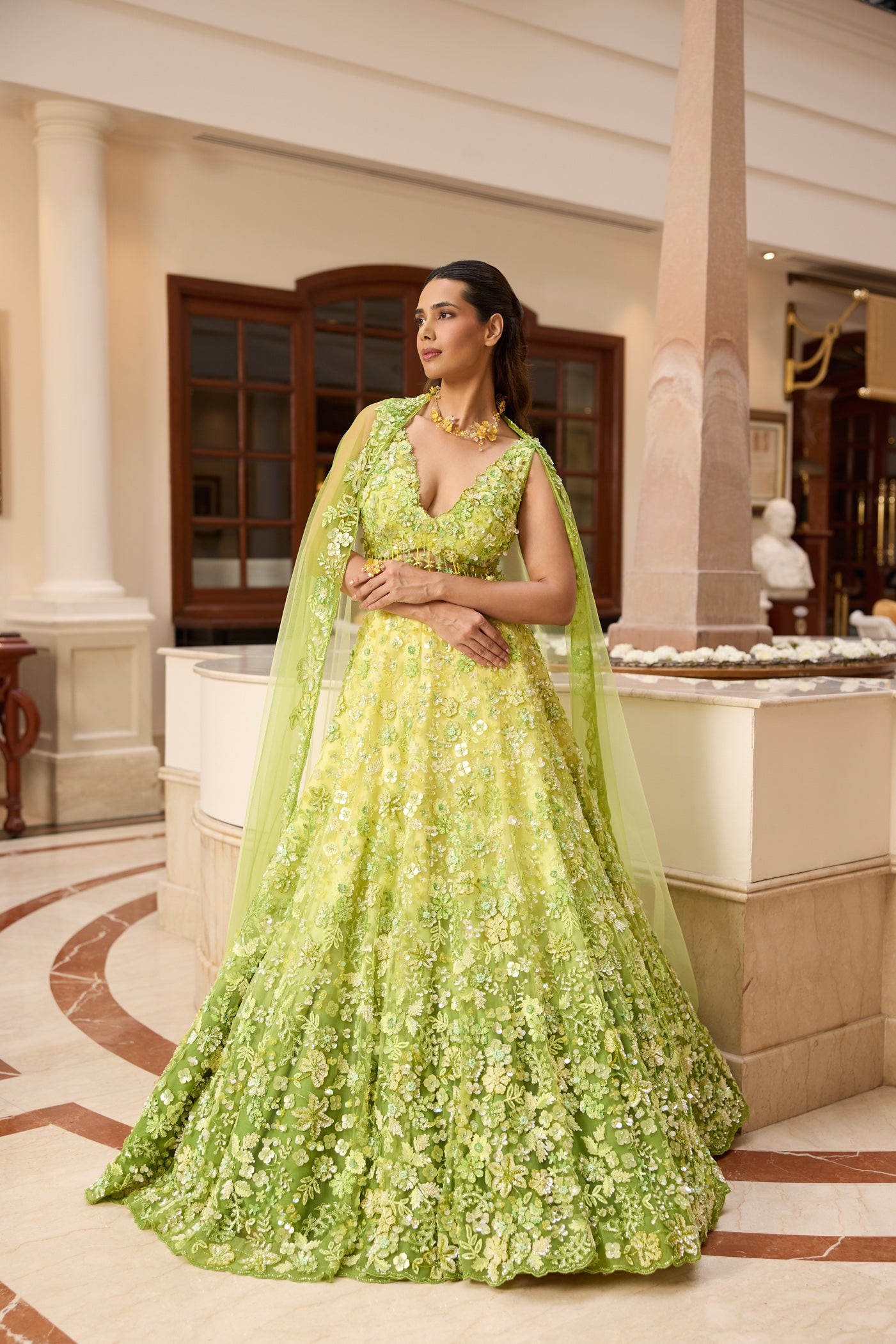 Designer lime green ombré embroidered lehenga set by Opus Atelier, featuring handcrafted floral motifs and sequins, ideal for bridal wear, destination weddings, and festive celebrations