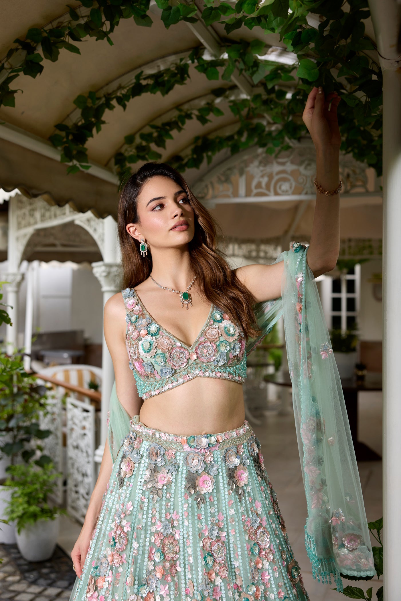 Seafoam green multicolour floral embroidered lehenga set with blouse and dupatta by Opus Atelier, perfect for modern brides and cocktail weddings