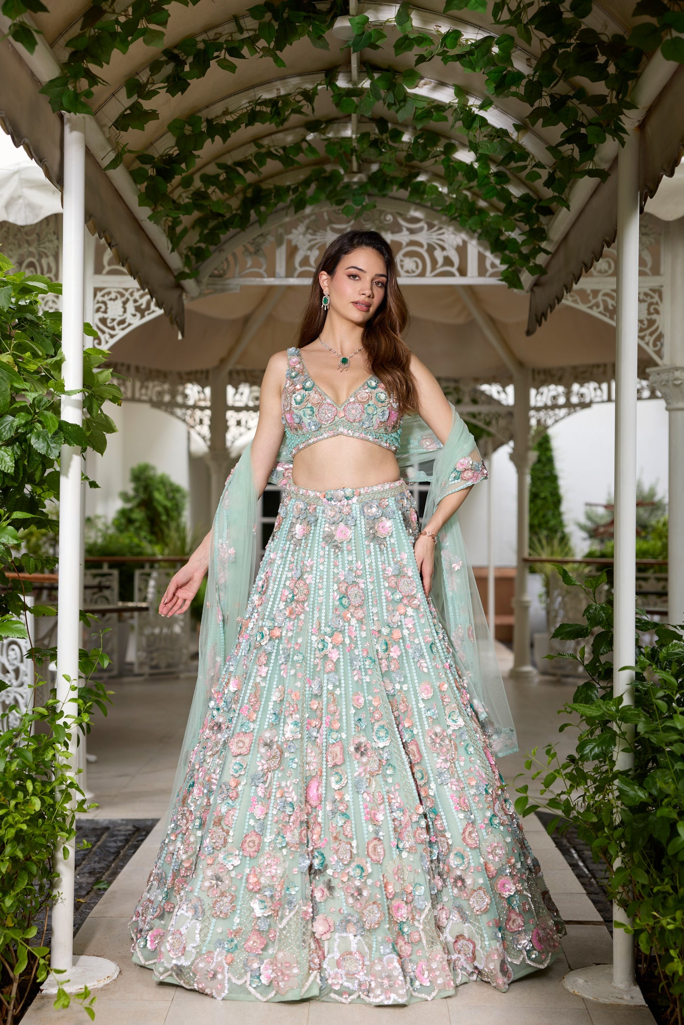 Seafoam green multicolour floral embroidered lehenga set with blouse and dupatta by Opus Atelier, perfect for modern brides and cocktail weddings
