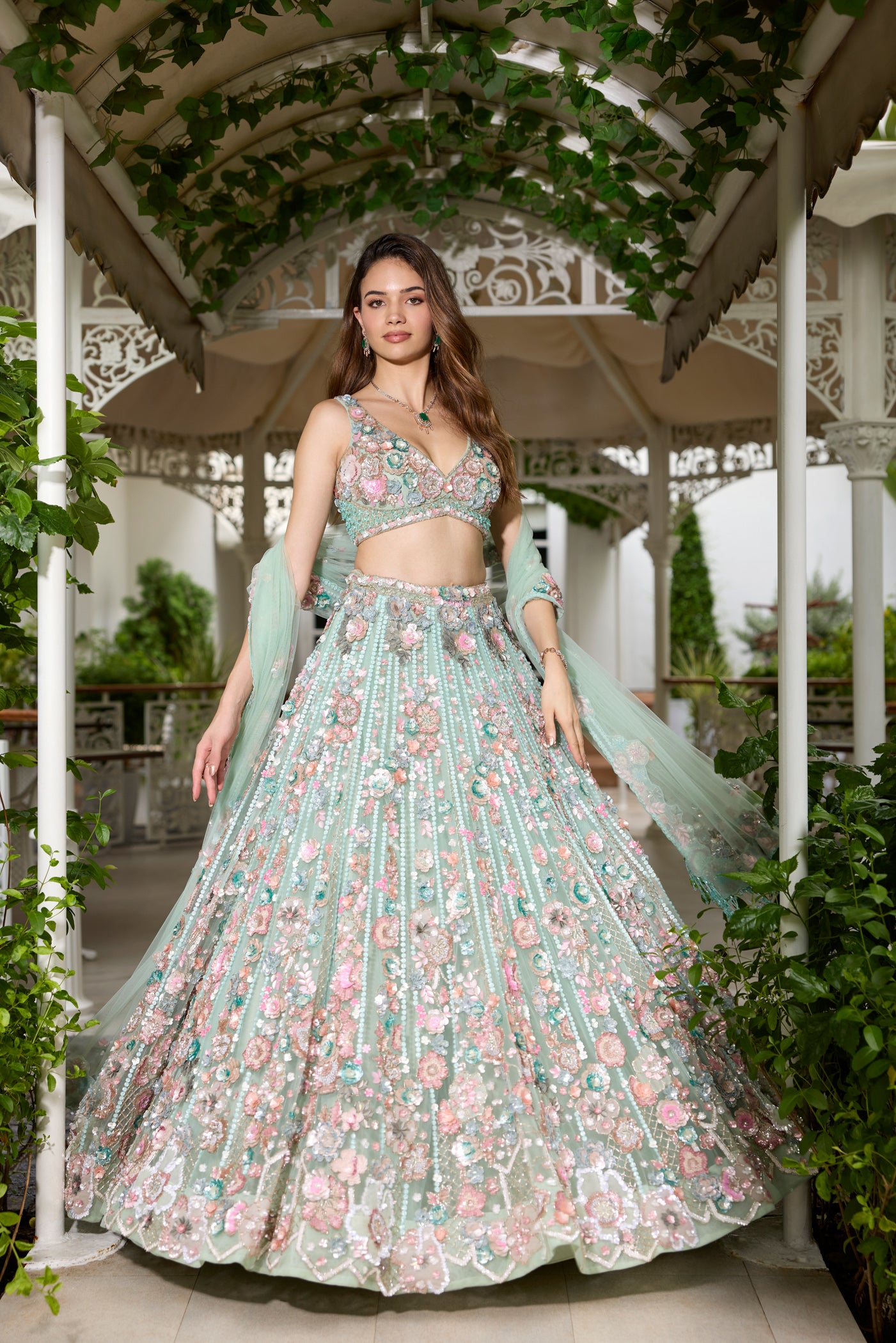 Seafoam green multicolour floral embroidered lehenga set with blouse and dupatta by Opus Atelier, perfect for modern brides and cocktail weddings