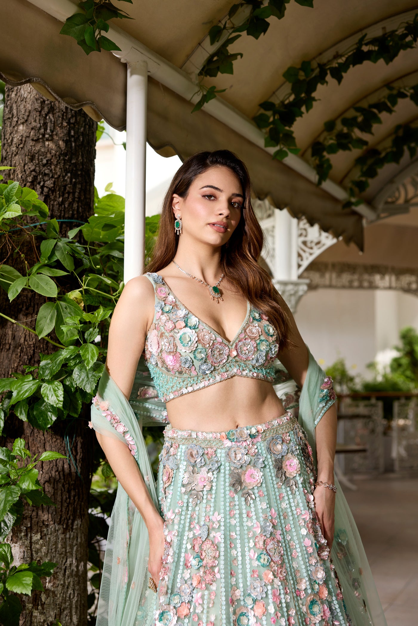 Seafoam green multicolour floral embroidered lehenga set with blouse and dupatta by Opus Atelier, perfect for modern brides and cocktail weddings