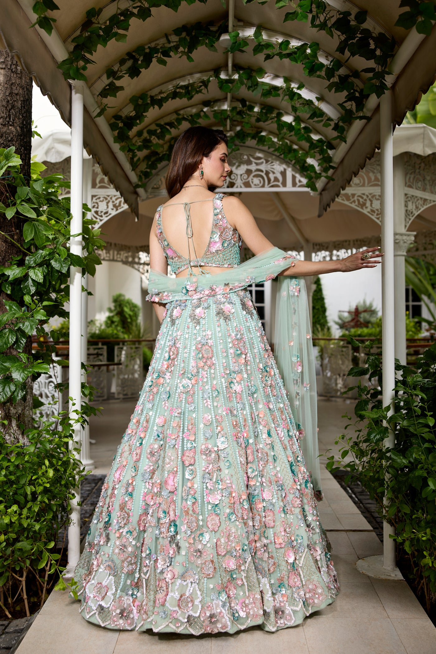 Seafoam green multicolour floral embroidered lehenga set with blouse and dupatta by Opus Atelier, perfect for modern brides and cocktail weddings