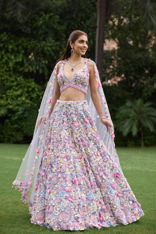 Pastel floral embroidered lehenga with 3D applique work by Opus Atelier
