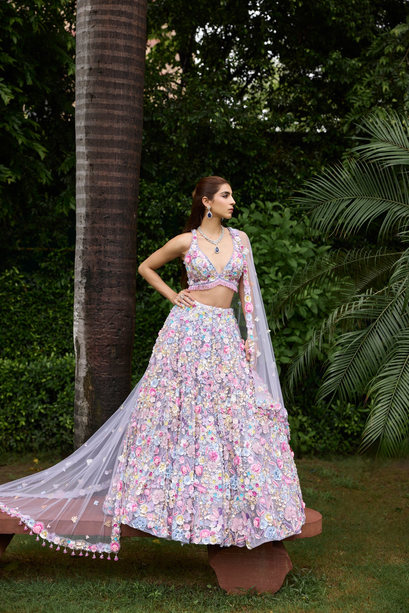 Handcrafted pastel lavender lehenga with multicolour floral embroidery for weddings