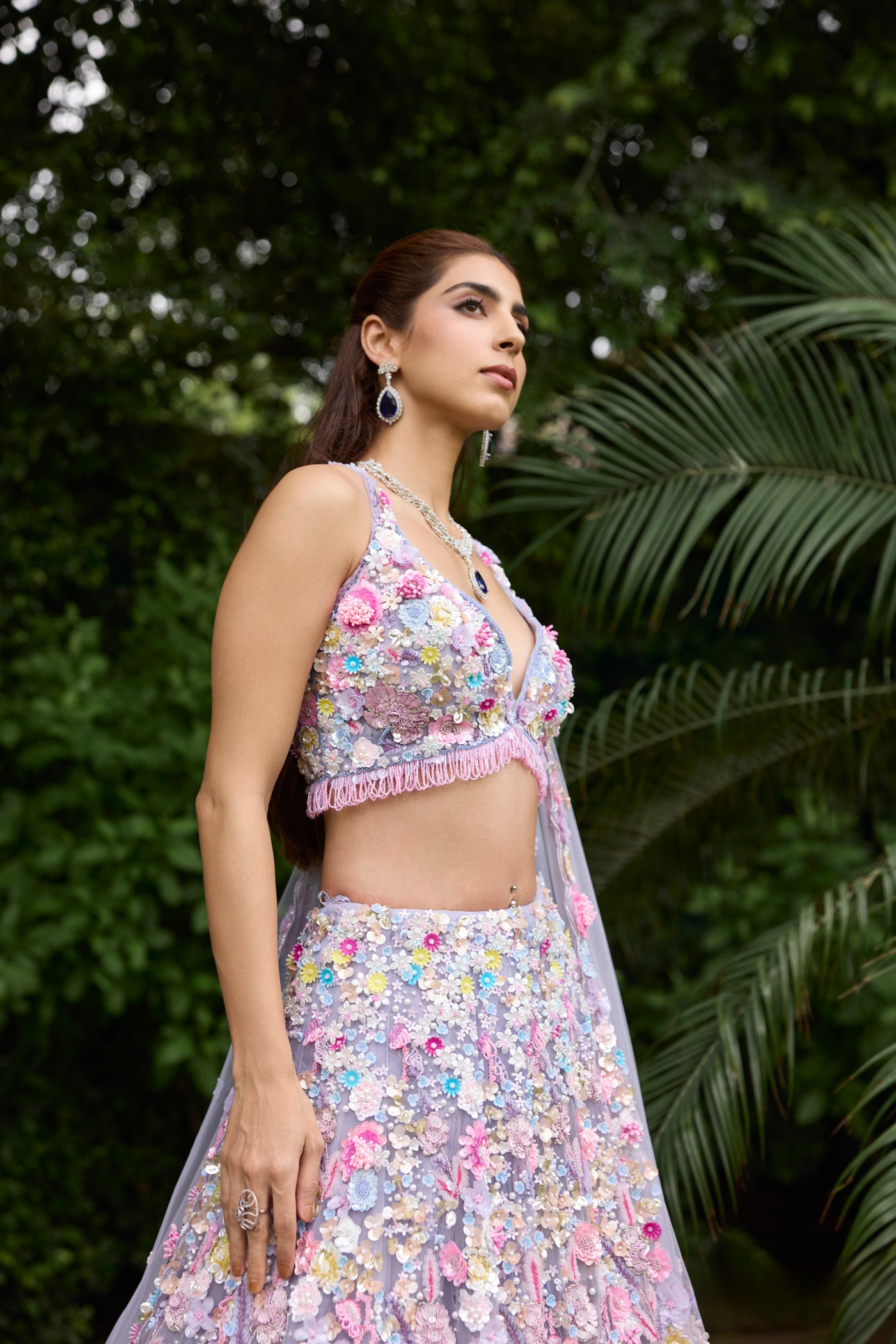Pastel floral embroidered lehenga with 3D applique work by Opus Atelier