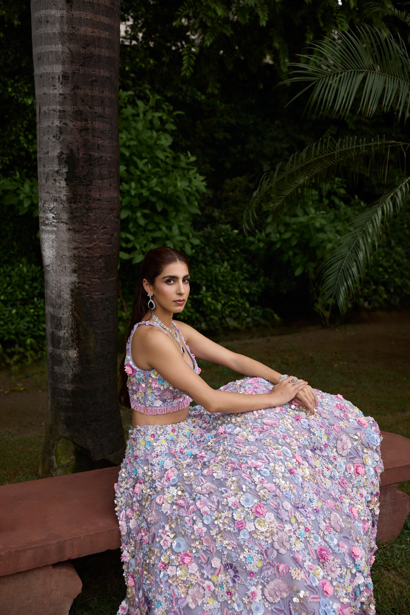 Pastel floral embroidered lehenga with 3D applique work by Opus Atelier