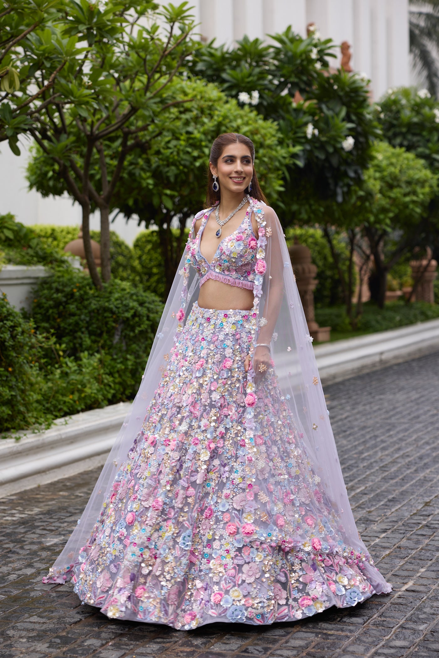 Handcrafted pastel lavender lehenga with multicolour floral embroidery for weddings