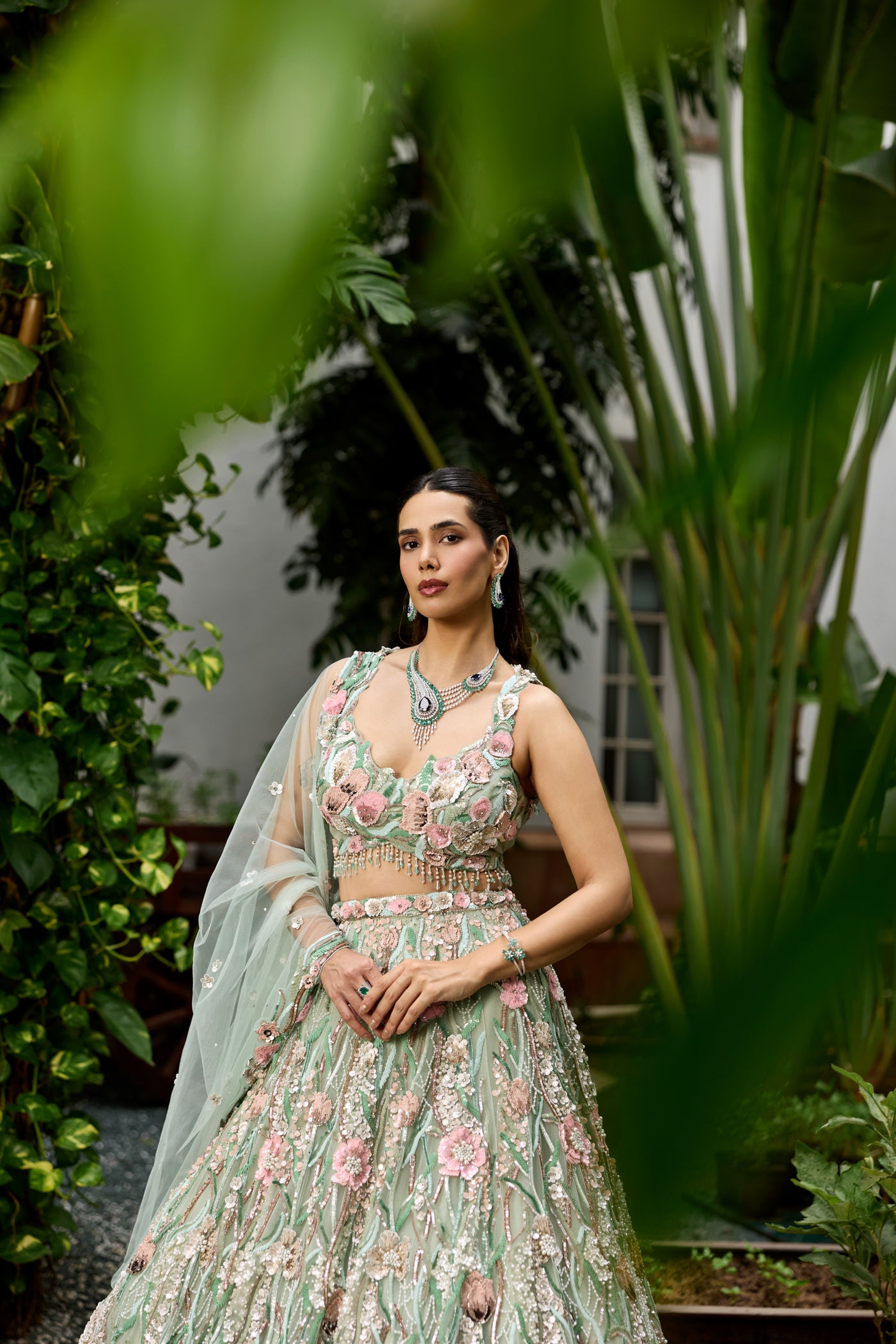 Modern couture lehenga with pastel tones, 3D flowers and elegant dupatta