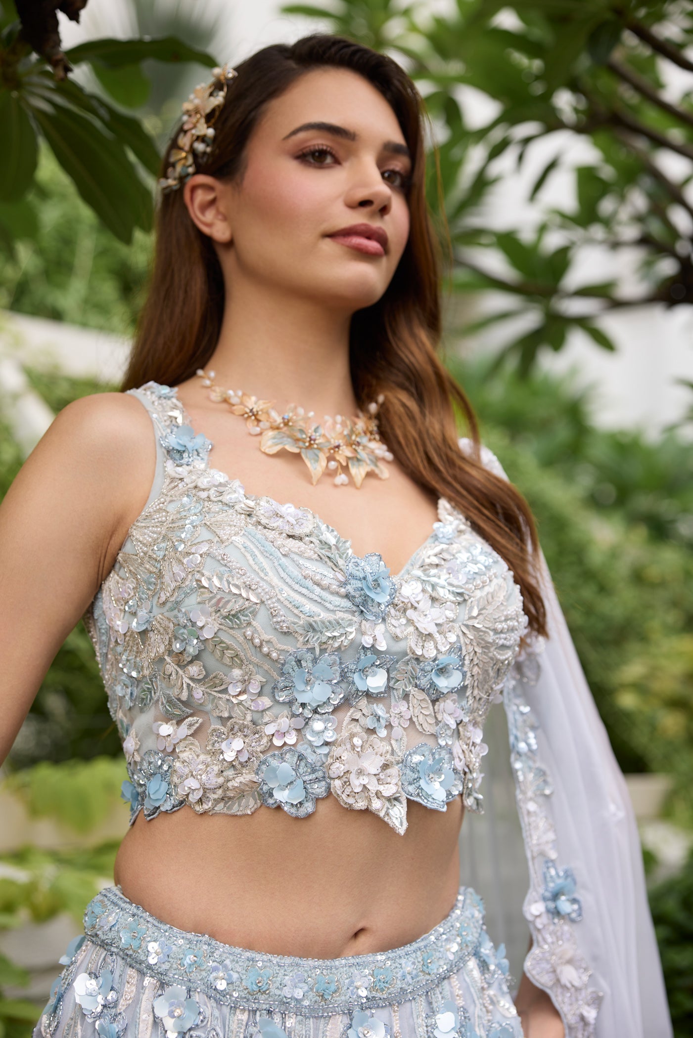 Luxury powder blue bridal lehenga set with hand-embroidered details and dupatta