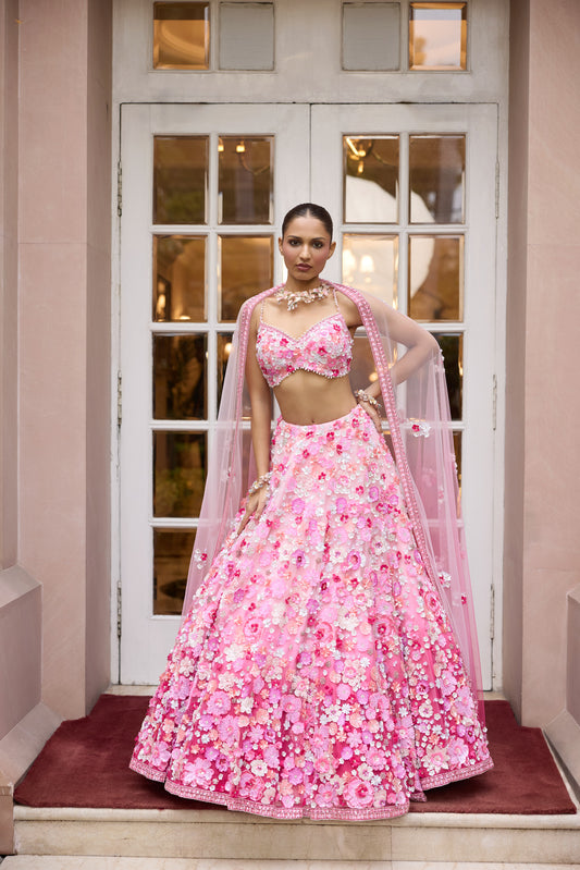 Rosé pink ombre floral embroidered lehenga set with intricate 3D embellishments and blouse by Opus Atelier, ideal for modern brides and sangeet weddings and carnival function lehenga