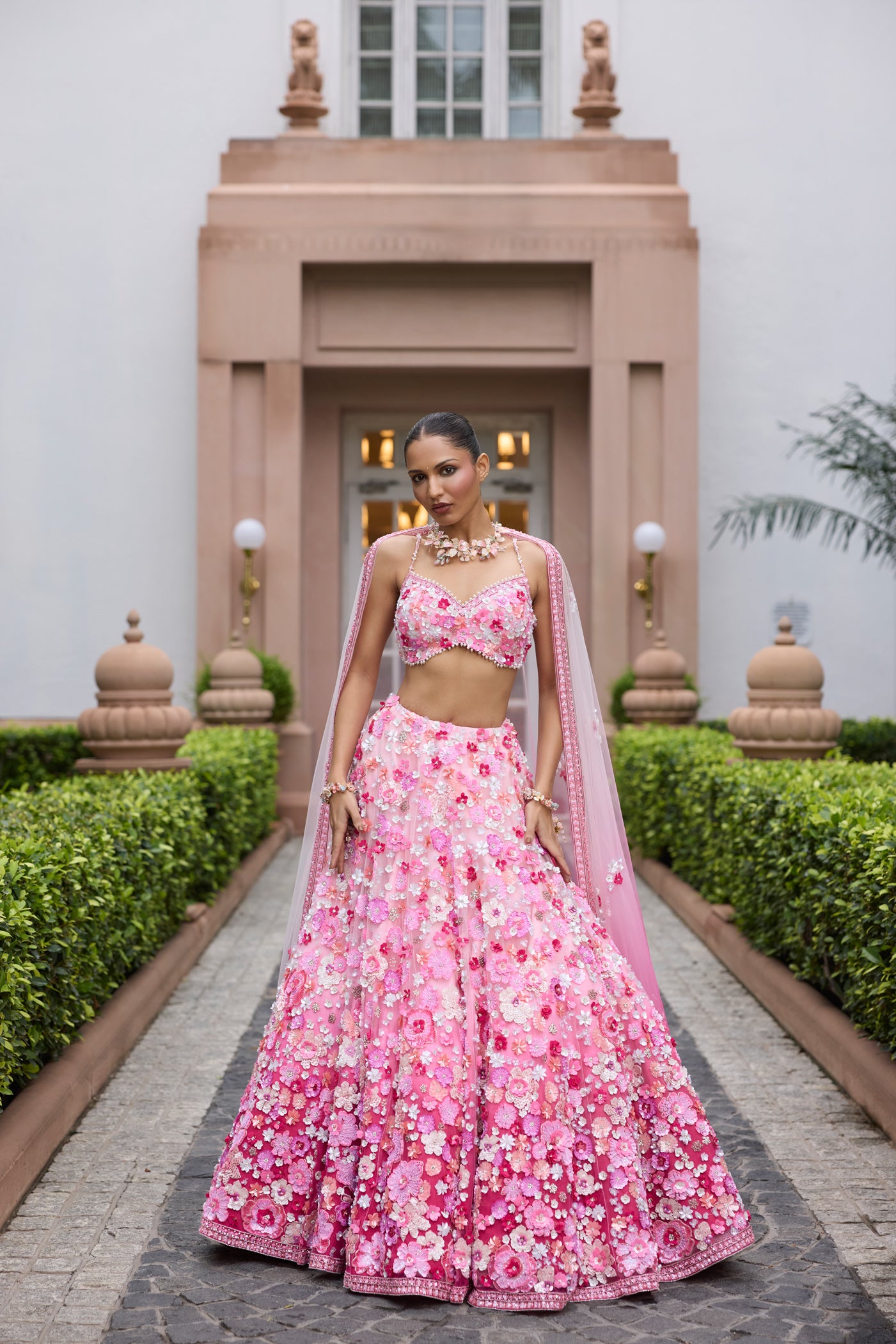 Rosé pink ombre floral embroidered lehenga set with intricate 3D embellishments and blouse by Opus Atelier, ideal for modern brides and sangeet weddings and carnival function lehenga