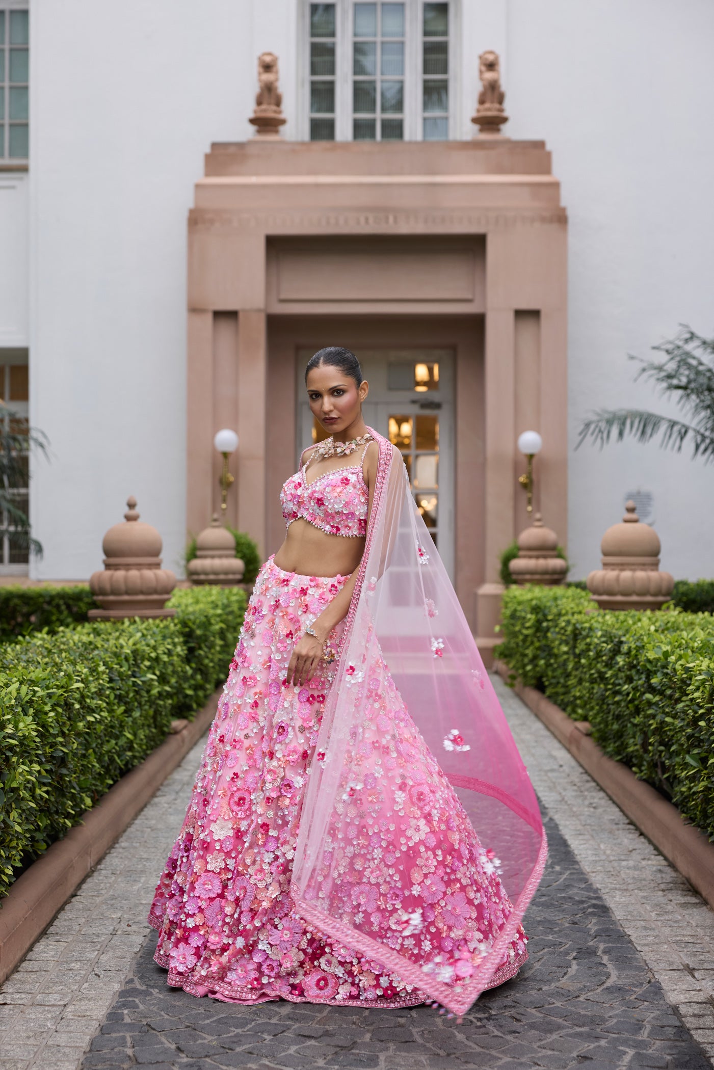 Rosé pink ombre floral embroidered lehenga set with intricate 3D embellishments and blouse by Opus Atelier, ideal for modern brides and sangeet weddings and carnival function lehenga