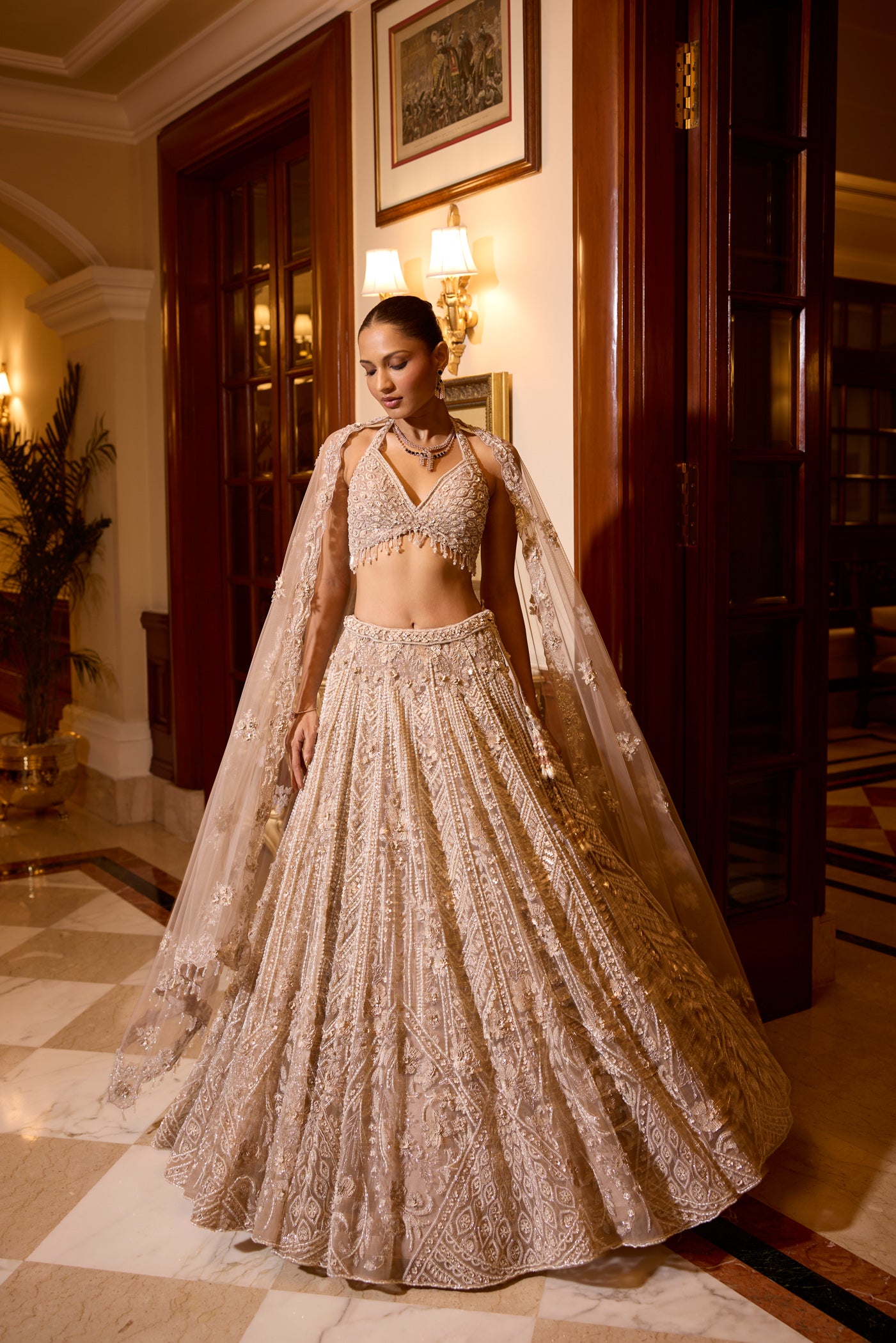 Modern couture Indian wedding lehenga in silver grey with pearl and crystal detailing by opus atelier