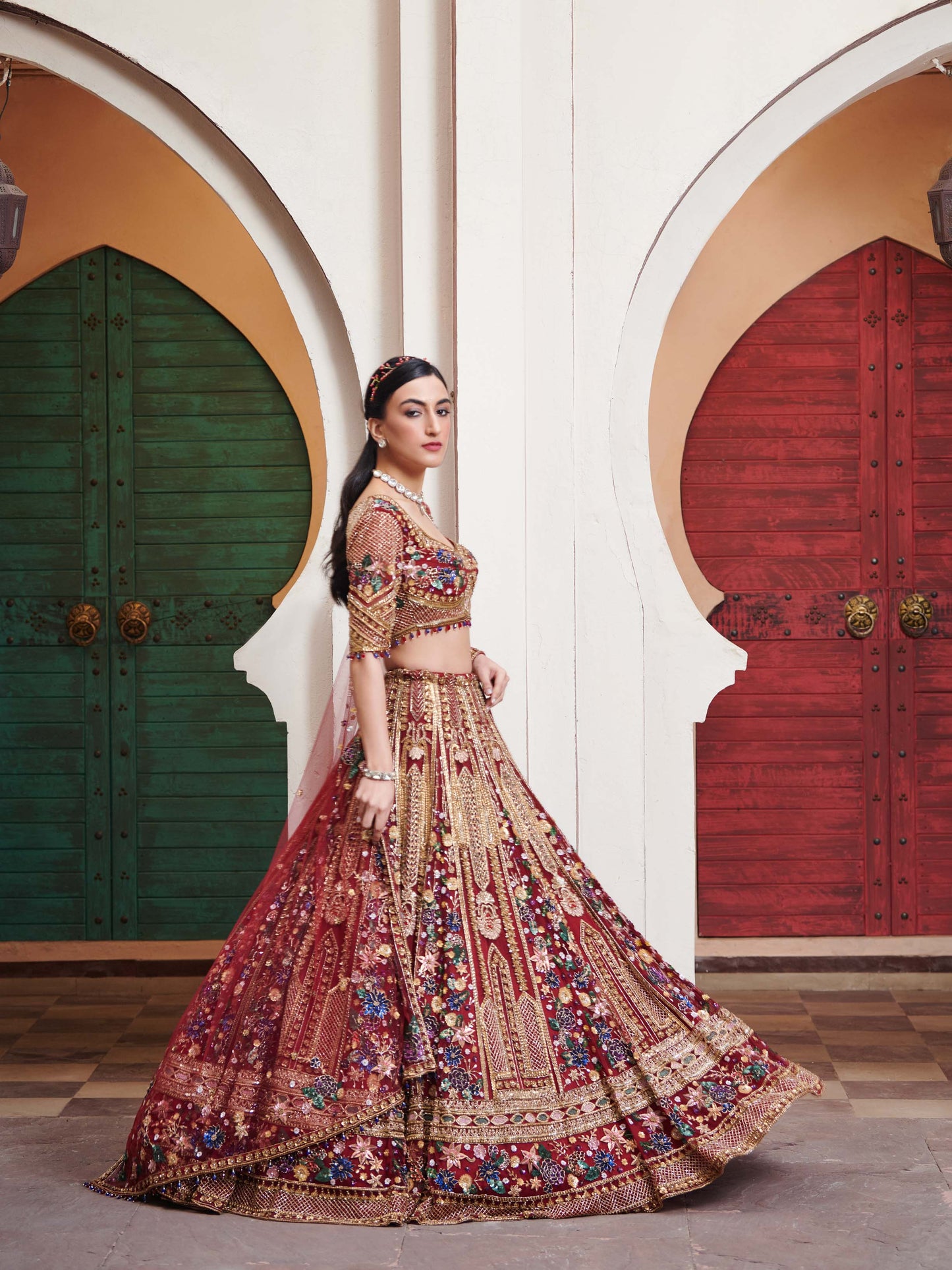 DEEP RED DILARA BRIDAL LEHENGA SET