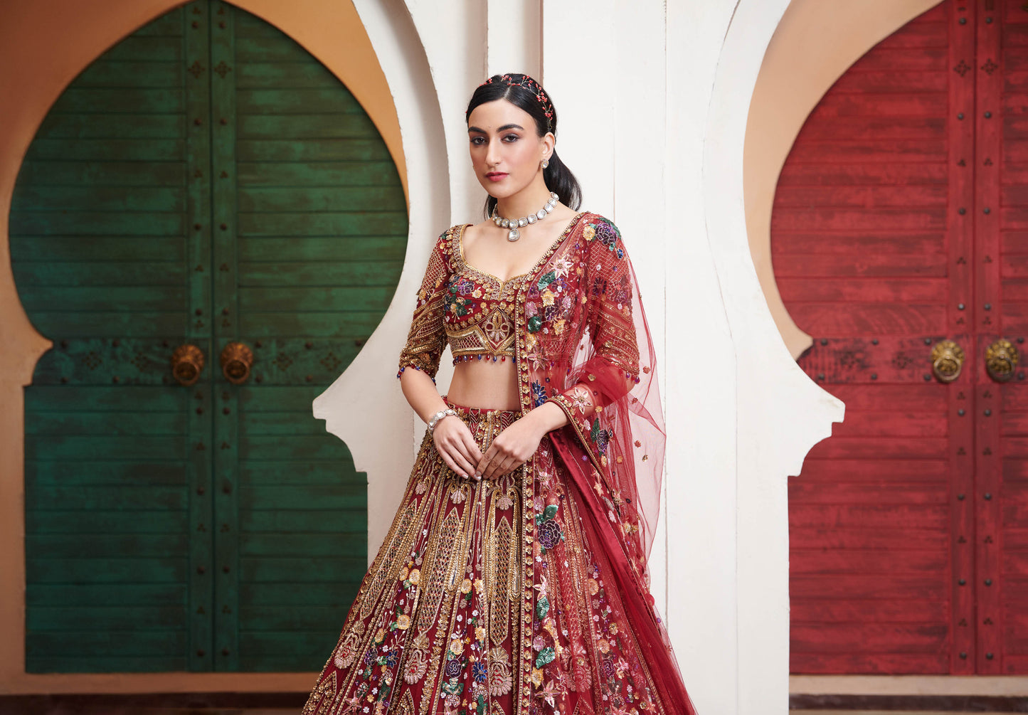 DEEP RED DILARA BRIDAL LEHENGA SET