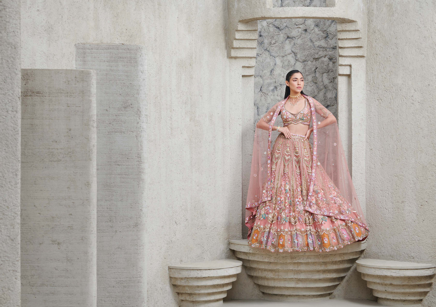 PEACH AND GOLD SHAHNAZ BRIDAL LEHENGA SET