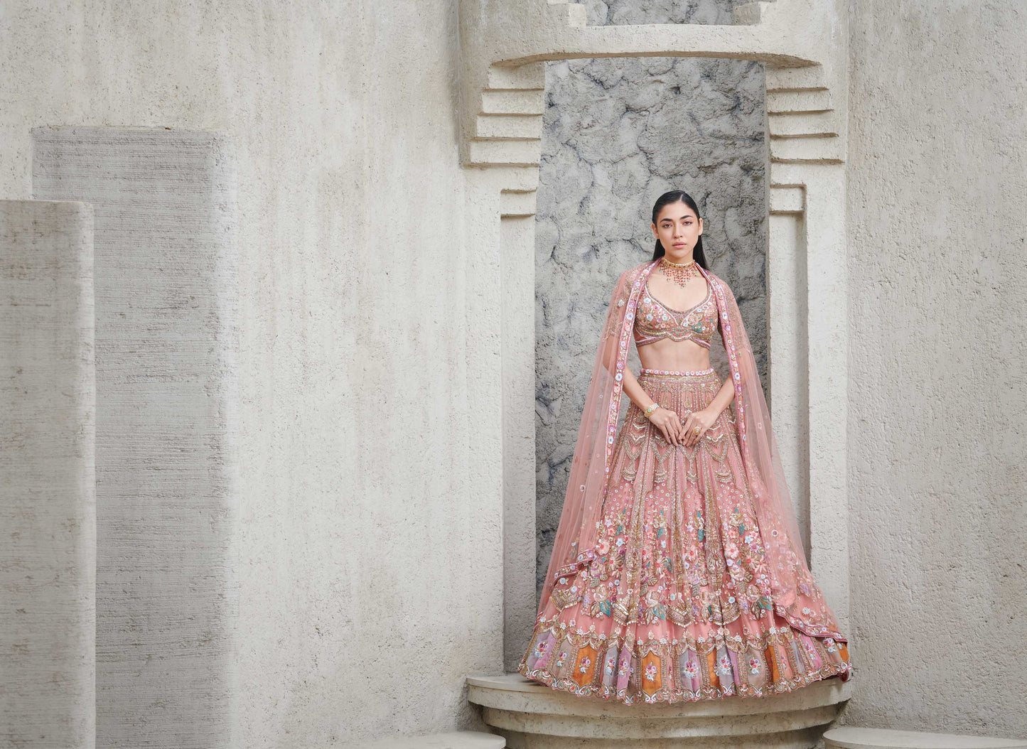 PEACH AND GOLD SHAHNAZ BRIDAL LEHENGA SET