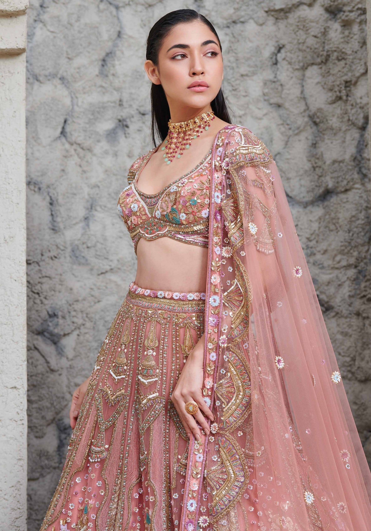 PEACH AND GOLD SHAHNAZ BRIDAL LEHENGA SET