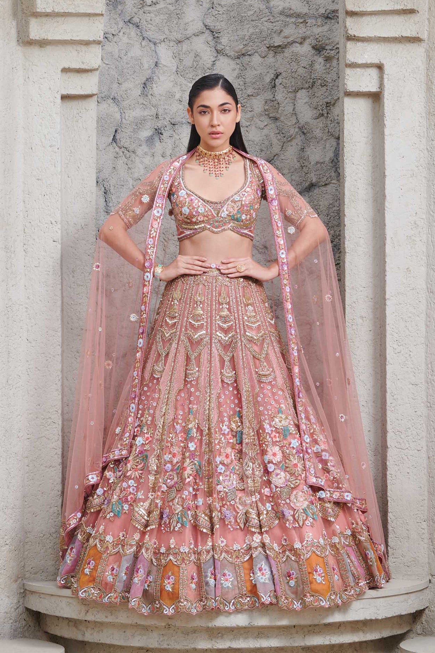 Pink Dulhan Lehenga Golden PEACH AND GOLD SHAHNAZ BRIDAL LEHENGA SET