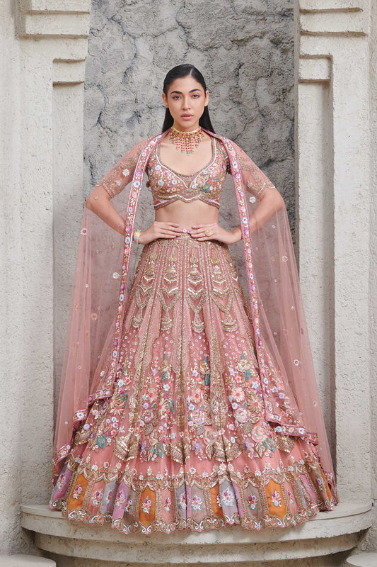 PEACH AND GOLD SHAHNAZ BRIDAL LEHENGA SET