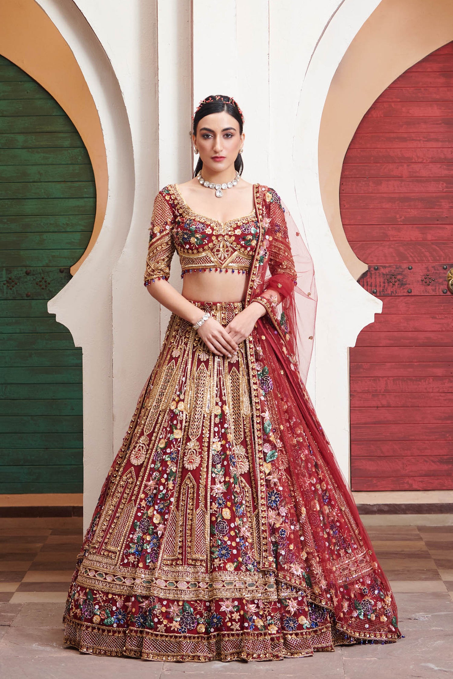 DEEP RED DILARA BRIDAL LEHENGA SET